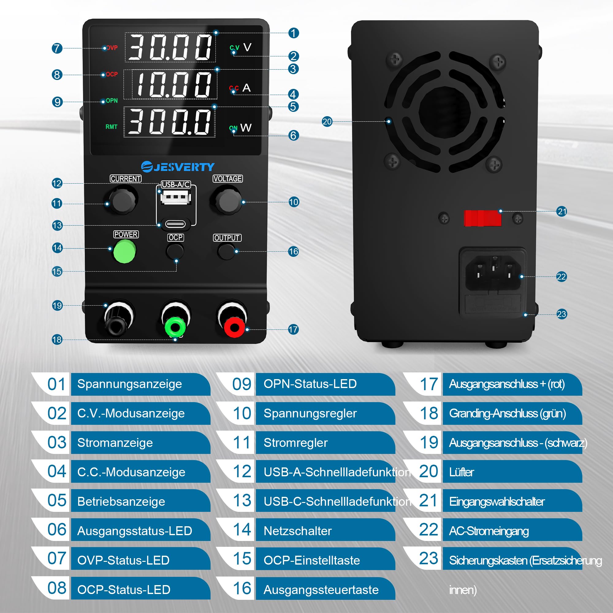 Labornetzteil, Jesverty Labornetzteil DC Regelbar Netzgerät(32 V, 10 A) mit USB und Type-C 20W Schnellladung, Encoder-Knopf, Ausgangs-EIN/Aus-Schalter, 4-stelliges LED-Display – SPS-3010M
