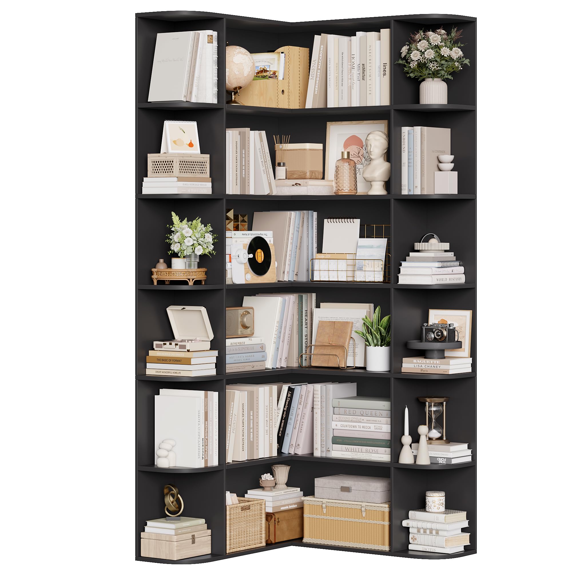 FirFurd 185 cm Eckregal Bücherregal Ecke Eckschrank mit 6 Ebenen schwarz | Eckbücherregal stehend, Bücherschrank L-förmig, Eckvitrine für Arbeitszimmer, Wohnzimmer, Bibliotheken, 80 x 84 x 185 cm