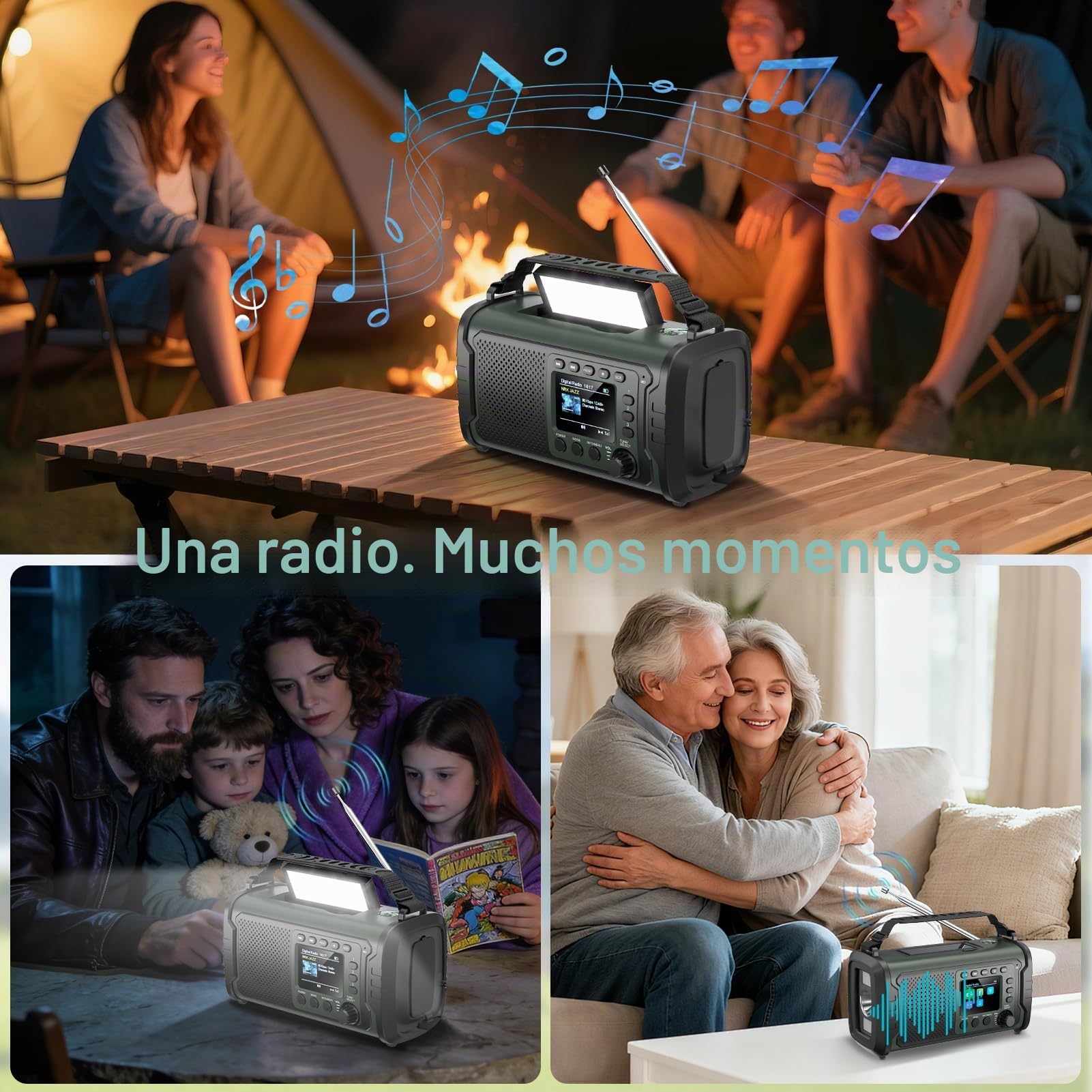 Radio de Emergencia Dab/Dab+ 27000 mAh con Manivela, Solar y Bluetooth 5.3 | Power bank, carga USB, SOS, linterna, luz lectura y brújula, para apagones, camping, autocaravana, Verde Militar
