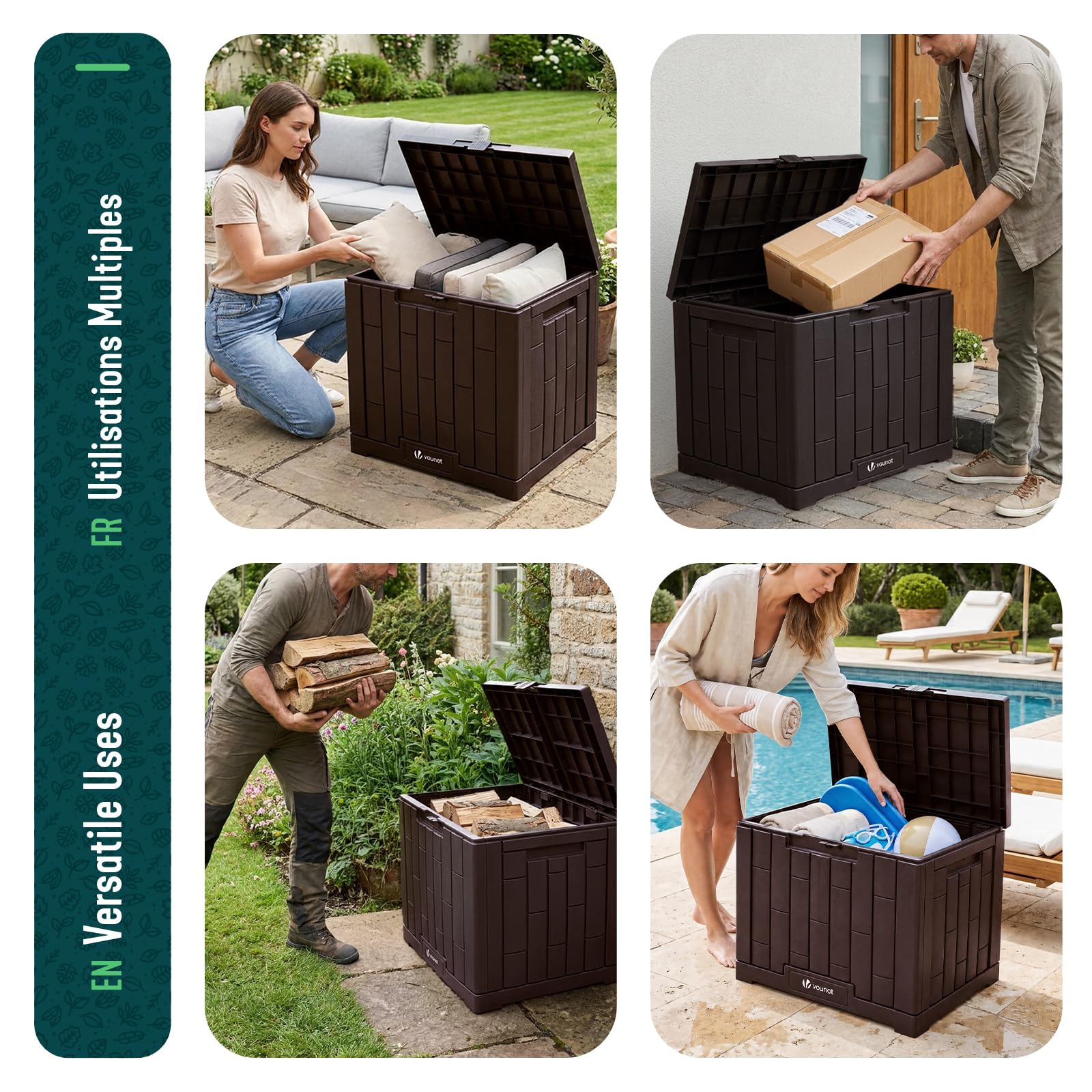 VOUNOT® Arcón Exterior Capacidad 126L PP Baúl Almacenaje Exterior con Cerradura Tapa y Asas Impermeable Caja de Almacenamiento Patio 56x44x53 cm Cofre para Ordenación de Jardín Balcón y Terraza Marrón