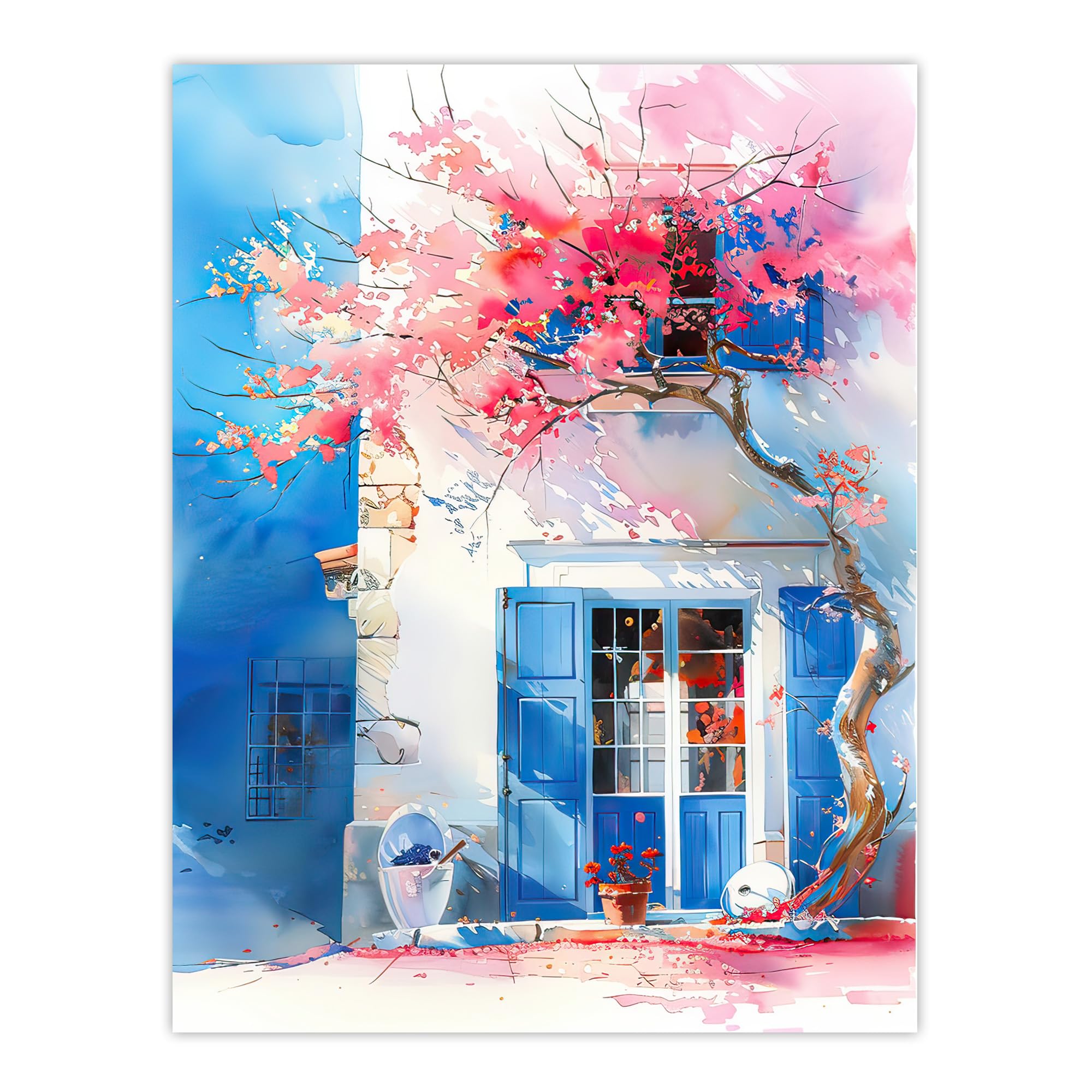 Artery8 Flowering Bougainvillea Boho Mykonos Watercolour Living Room Large Wall Art Poster Print Thick Paper 18X24 Inch