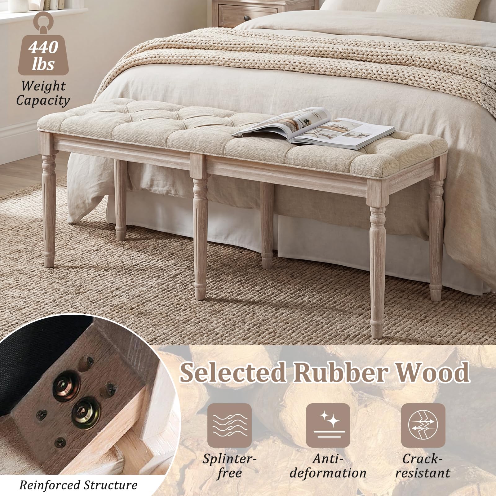 Giantex 47.5-inches Upholstered Dining Bench, Button-Tufted Table Bench with Carved Rubber Wood Legs, Padded Seat, Load 440Lbs, Vintage End of Bed Ottoman for Entryway, Living Room, Bedroom (1,Beige)