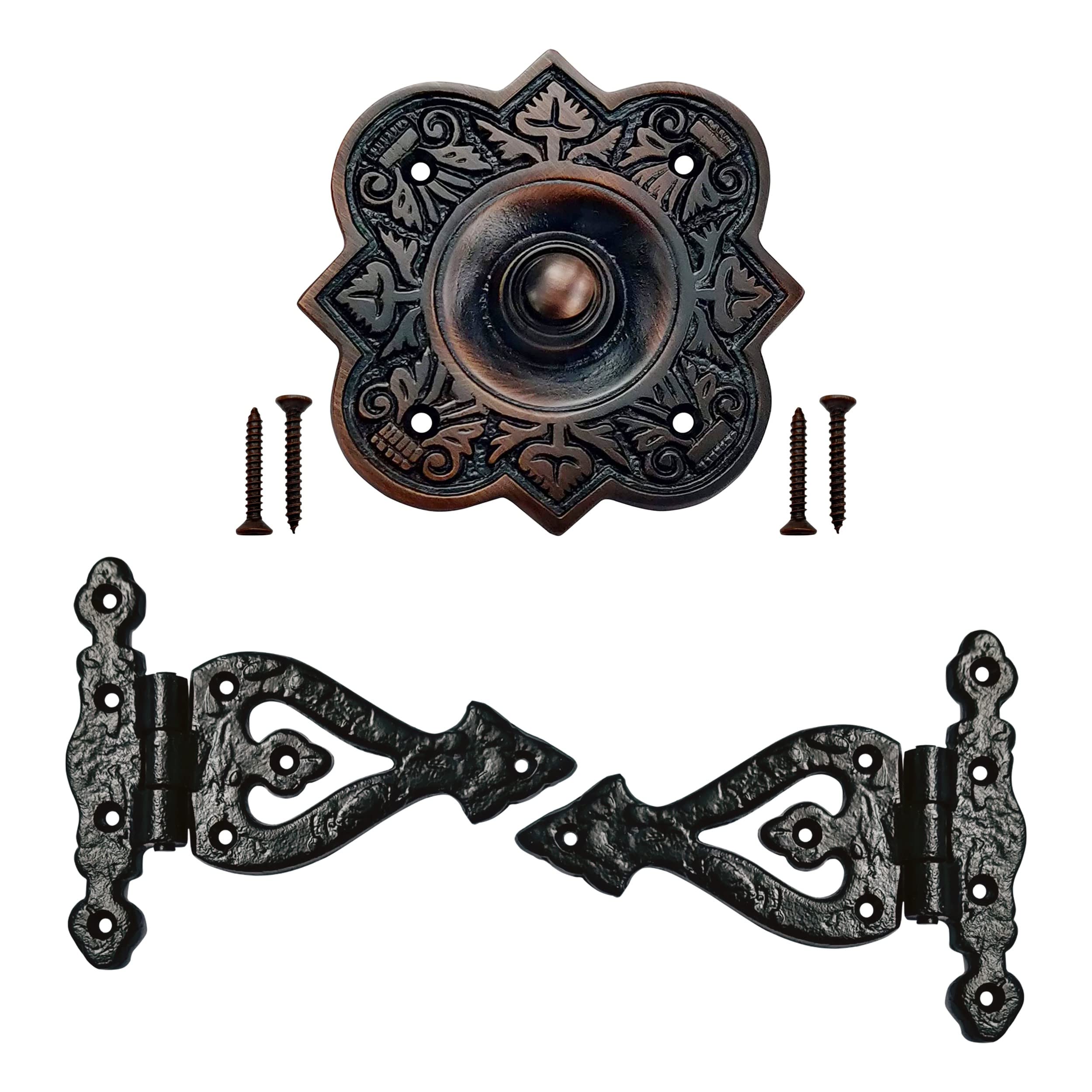 Akatva Doorbell Button with T Hinge Set – 2 Pieces Gate Hinges for Wooden Fences Heavy Duty – Bell Push Button – Doorbell Button Wired – Barn Hinges for Doors – Black Hinges – Oil Rubbed Bronze Finish