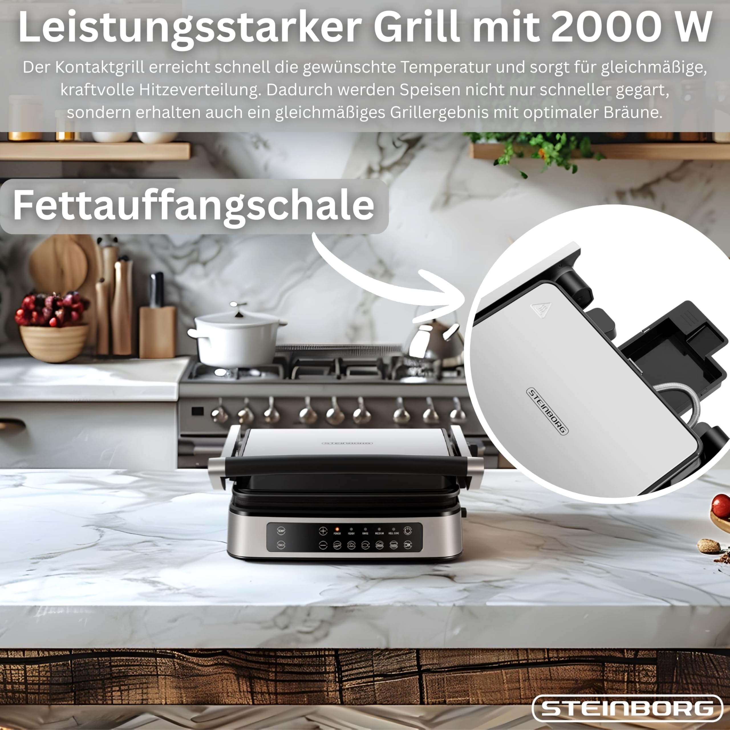 Steinborg® Grill kontaktowy, zdejmowane płyty z ekranem dotykowym, elektryczny grill stołowy i grill panini, rozkładany w zakresie 180°, nieprzywierające płyty grillowe, nadaje się do mycia w zmywarce
