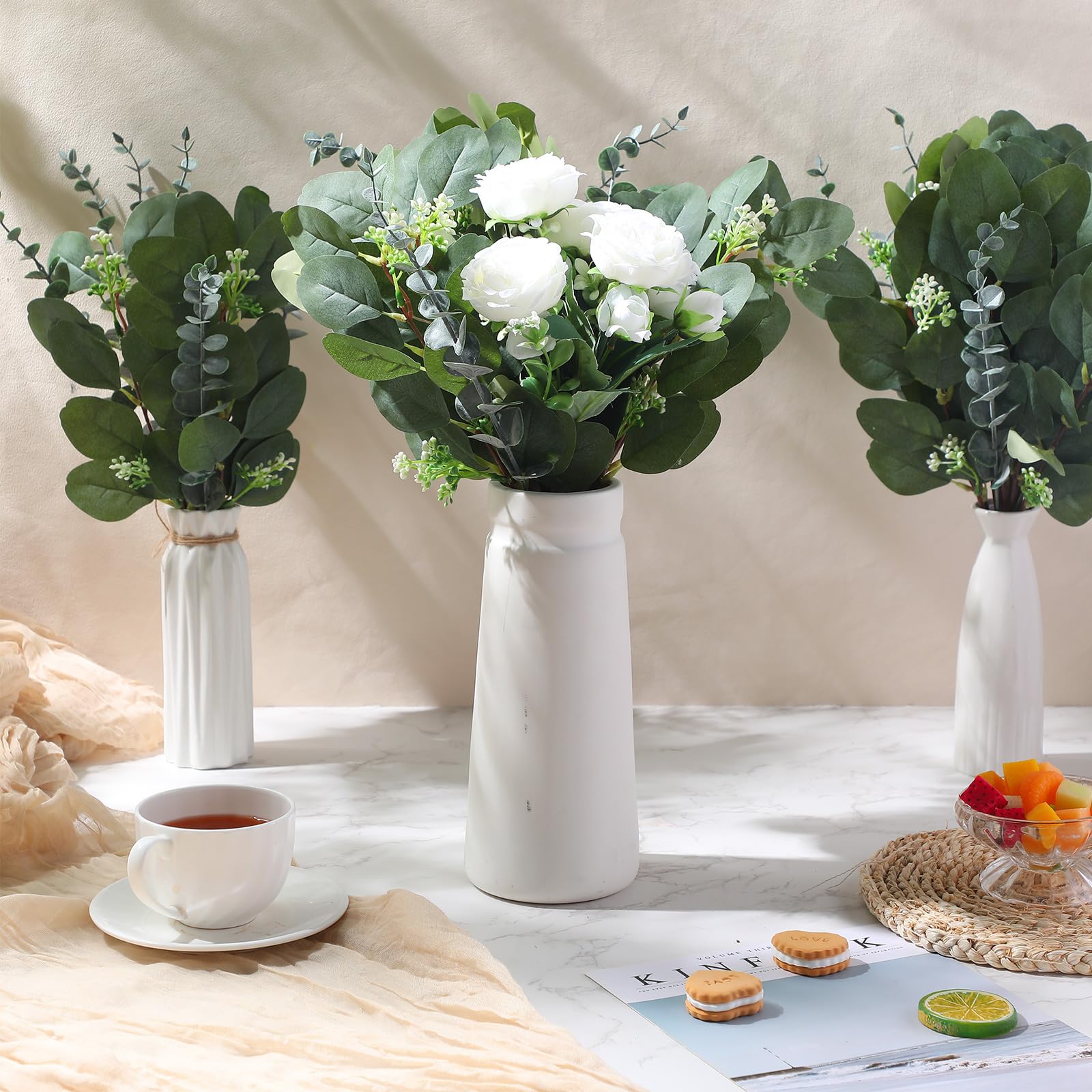 YUXMU Künstliche Eukalyptusblätter - 15 Stück Silberdollar Zweige Mit Rosa Samen