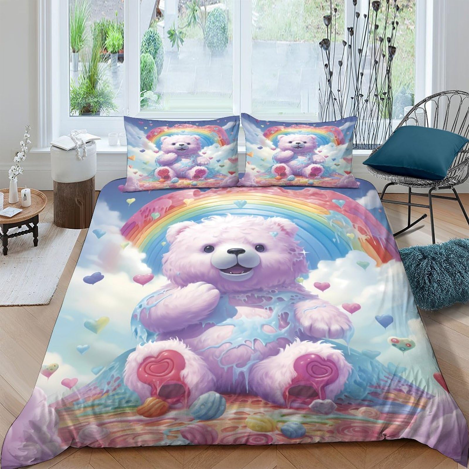 Ctjqhvkz Style-8 3D Printed Rainbow Teddy Bear Fitted Sheet Microfiber Soft Pastel Clouds Bed Cover For Bedroom Guest Room Decor Single（135X200cm）