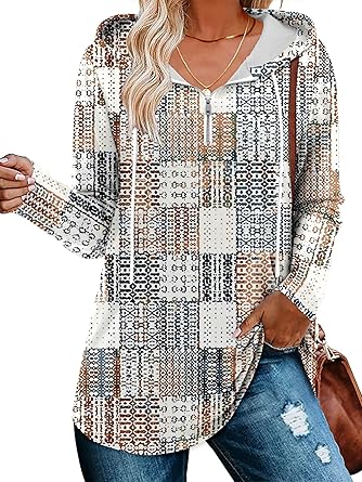BETTE BOUTIK Womens Quarter Zip Tunic Hoodies Pullover Long Hooded Sweatshirts S-3XL