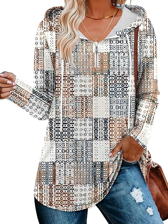 BETTE BOUTIK Womens Quarter Zip Tunic Hoodies Pullover Long Hooded Sweatshirts S-3XL