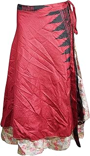 Womens Vintage Silk Sari Wrap Around Skirt Reversible Sarong Long Skirts Red