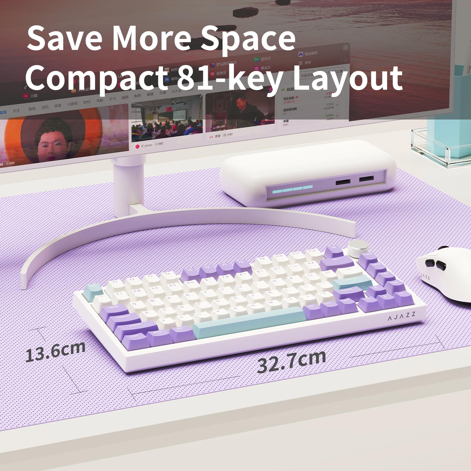 AJAZZ AK820 Wired Mechanical Keyboard, 75% Gaming Keyboard with Volume Control Knob, PBT Keycaps, 82 Keys, Five-Layer Sound Insulation Pad, South-Oriented RGB, Full-Key Hot Swap, Blue White Purple