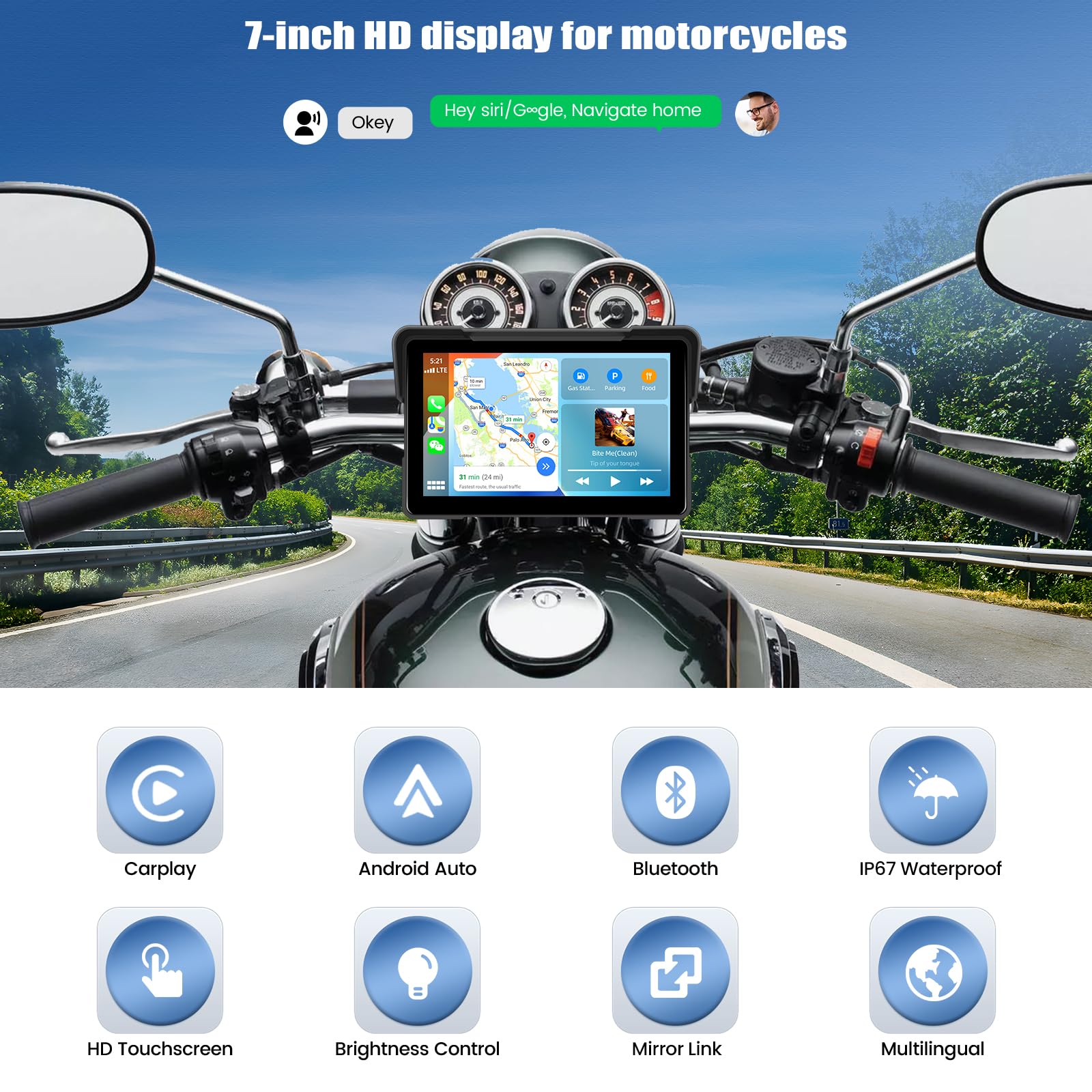 CAMECHO 2025 Moto Wireless CarPlay y Android Auto Inalámbrico, Pantalla carplay Moto 7" HD IP68 Impermeablepara Motocicletas con navegación/Bluetooth/EQ/Mirrorlink