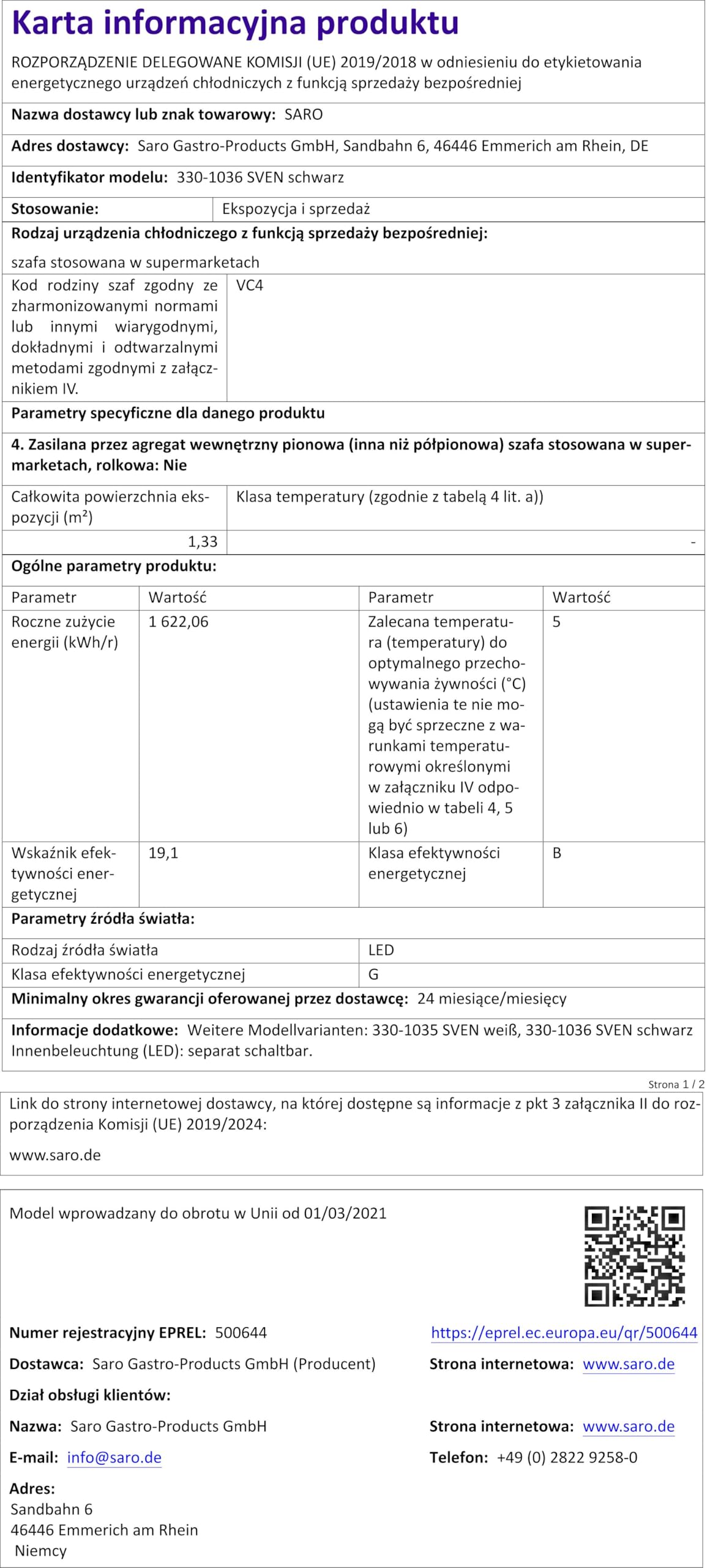 SARO SVEN - Vetrina refrigerante da 235 l, raffreddamento a ricircolo, controllo digitale della temperatura 0/+12 °C, illuminazione a LED, 4 griglie regolabili, sbrinamento automatico, plastica nera