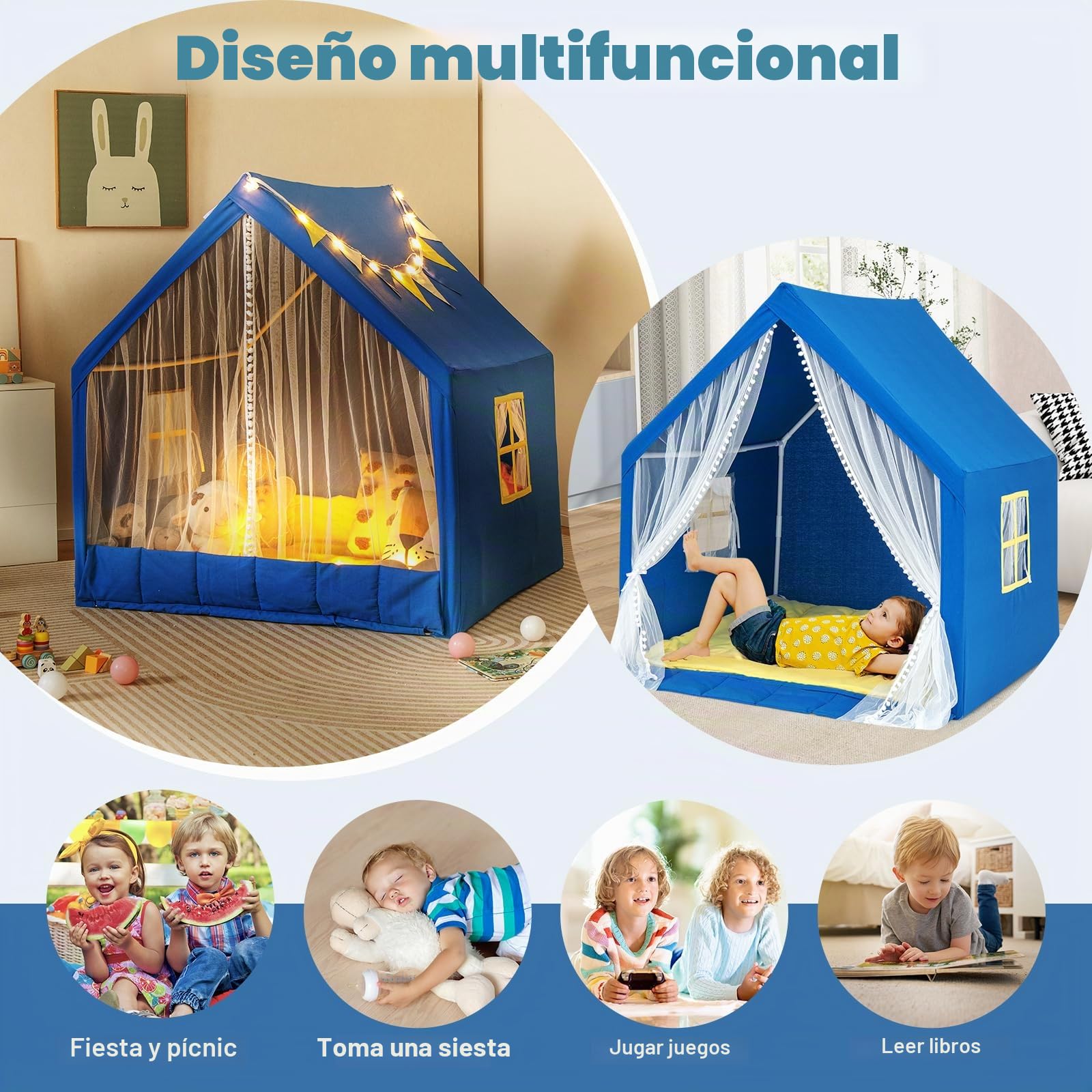 HOMASIS Tienda Campaña para Niños, Carpa Infantil, Casita Interior con Luces Estrellas y Alfombra de Algodón, Cortina de Gasa y Bolsillo Lateral, Cabaña de Juego para 2 Niño,122x105x125cm (Azul)