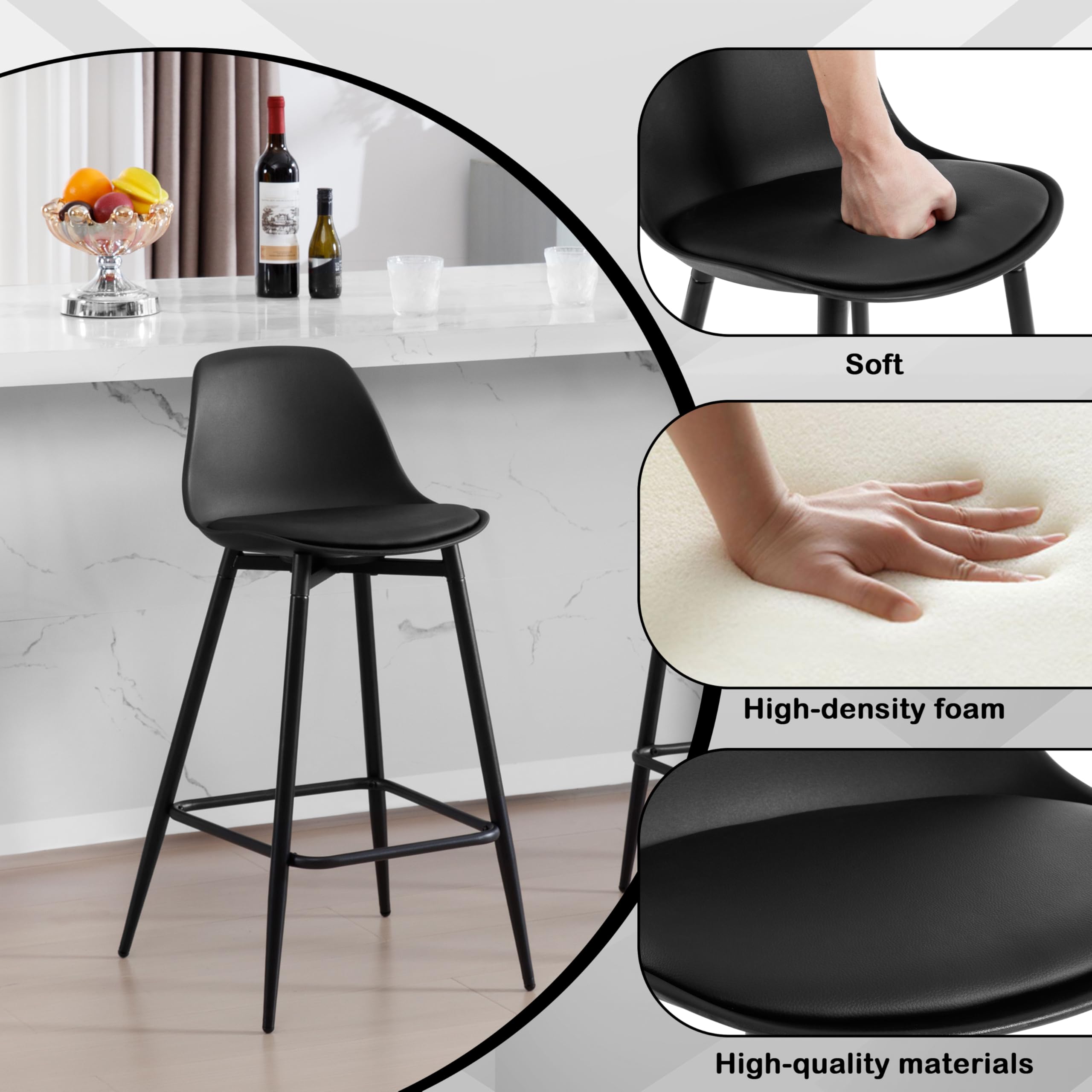 Lot de 2 Tabourets Bar, Tabourets de Bar pour Petit-Déjeuner, Tabourets de Cuisine avec Dossier, Siège Rembourré en PP et Cadre en Métal avec Repose-Pieds, Noir, K0001BH-2