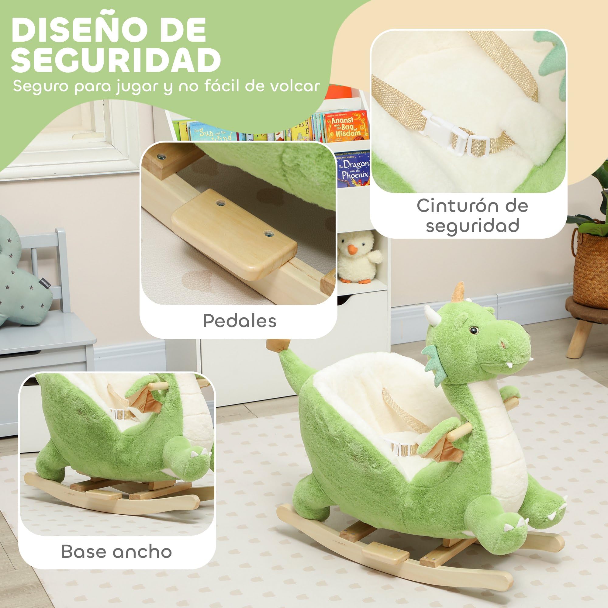 AIYAPLAY Caballito Balancín para Bebés con Sonido de Dragón, Caballo Balancín de Peluche con Base de Madera, Cinturón de Seguridad, para Niños de 18-36 Meses, Verde