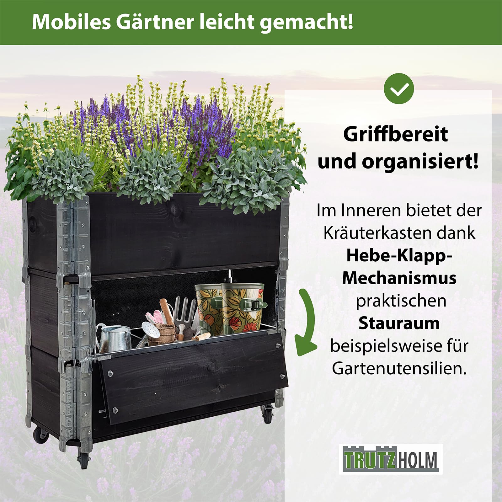 TRUTZHOLM Hochbeet aus Holz 80x30x68 cm Kräuterbeet mobiler Einsatz auf Rollen Feststellbremsen für Garten und Balkon, Kräuter oder Blumenkasten, mit Stauraum Fach, teilbar, zeitlos, flexibel
