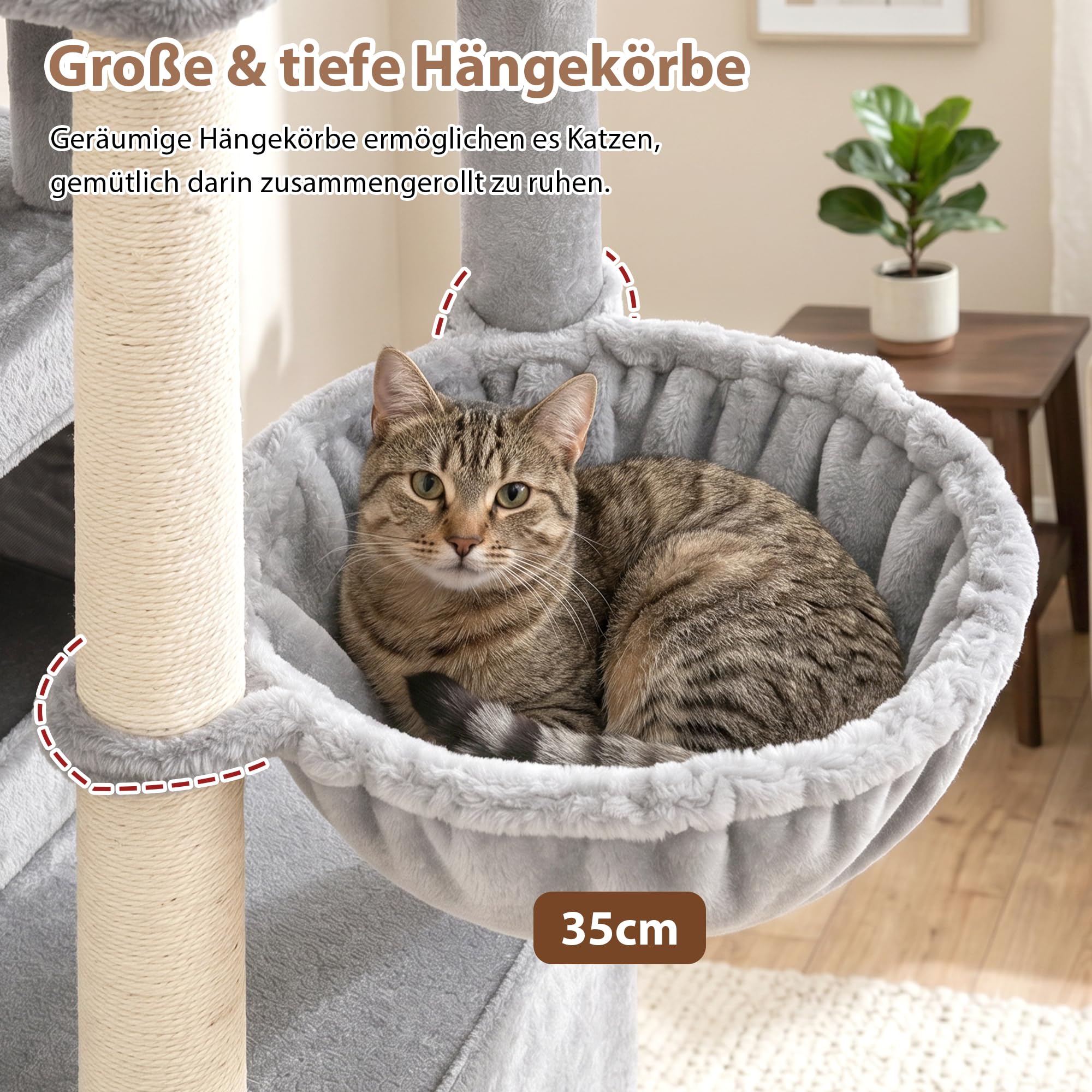 Gitelsnour Kratzbaum stabil, 181 cm hoher Katzenbaum für große Katzen mit 2 Katzenhöhlen, 3 Aussichtsplattformen und 2 Hängekörben, vollverkleidete Sisal-Kratzsäulen & Spielzeuge, Hellgrau GCT801W