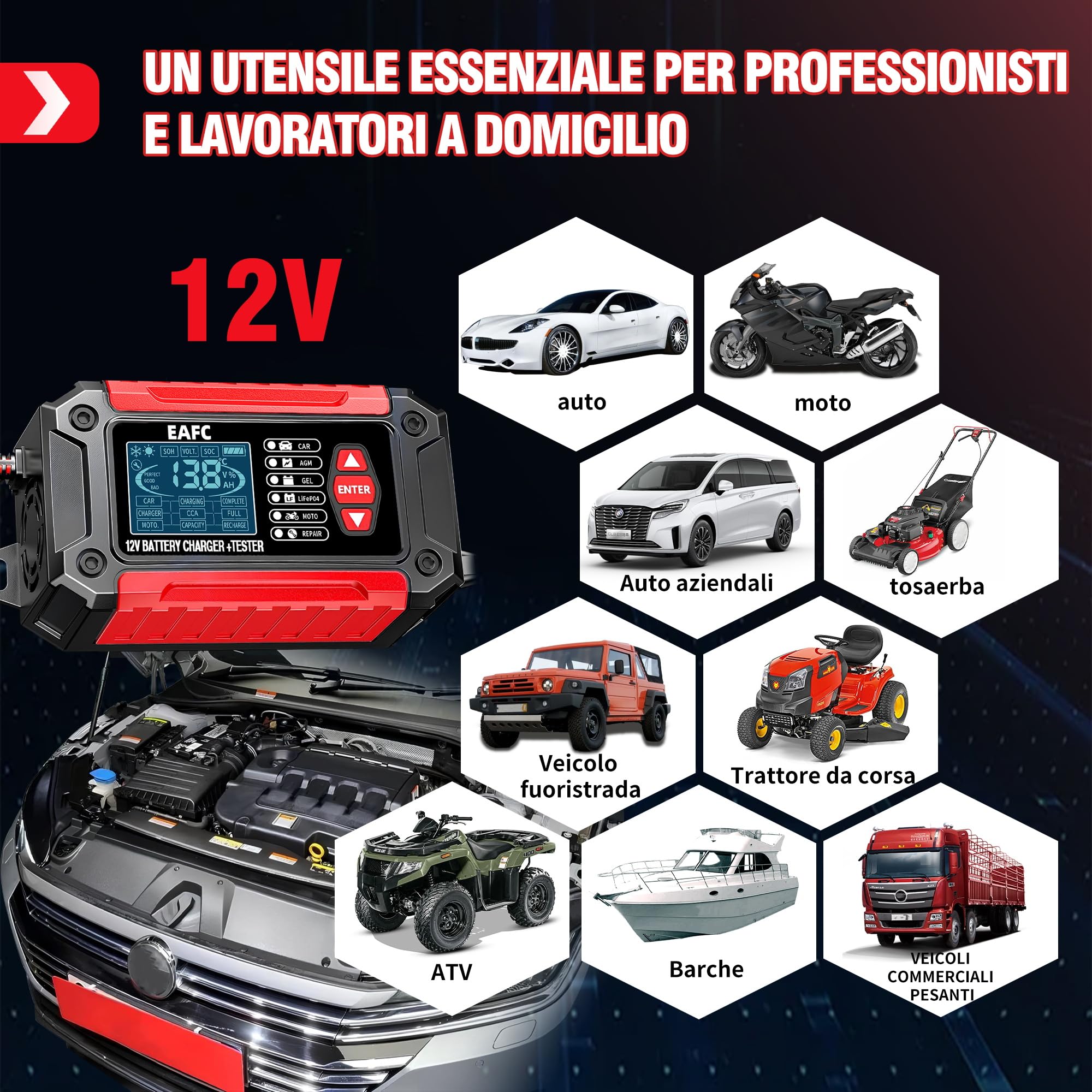 Tester Batteria Auto, 12V 6A Tester per Batterie, del Caricatore e LiFePO4 Strumento Diagnostico della Batteria per Auto Moto Barche SUV e Camion