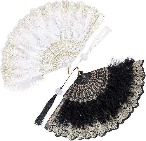 Framendino, Paquete de 2 abanicos de plumas bordadas de flores Marabou con borla colgante de los años 20 plegable de arrastre a mano para mujeres de