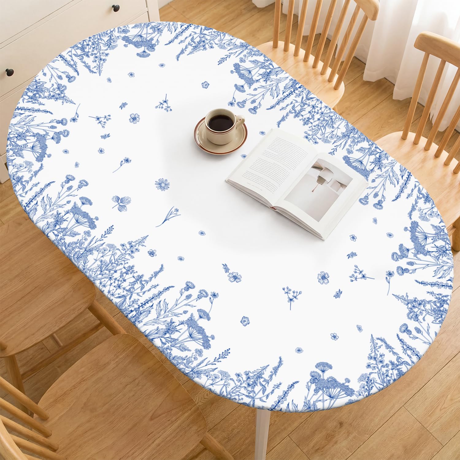 Photo 1 of Horaldaily Fitted Tablecloth, Blue Oval, 64" x 44"