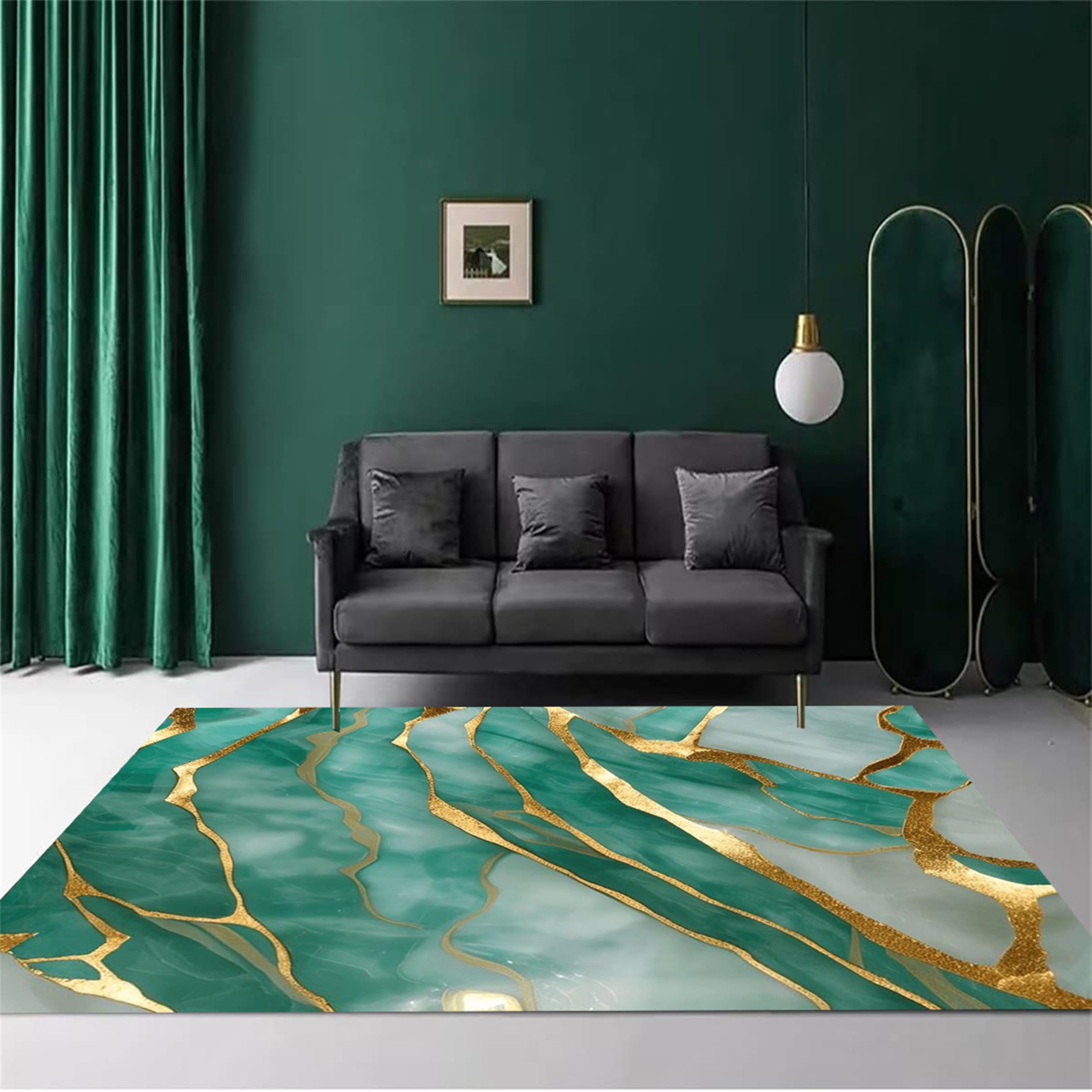 AOESELN Gray Green Marble Area Rug,180x300cm,Modern Light Luxury Gold Abstract Stripe Design Large Indoor Rug With Non-Slip Backing Machine Washable Living Room Rugs for Room Decor