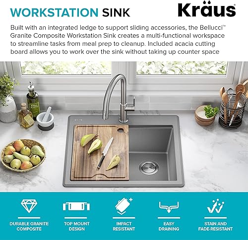Miniatura 3 de KRAUS Bellucci KGTW12-25MGR - Fregadero de cocina con estación de trabajo compuesto de granito de 25 pulgadas, montaje superior, color gris metálico