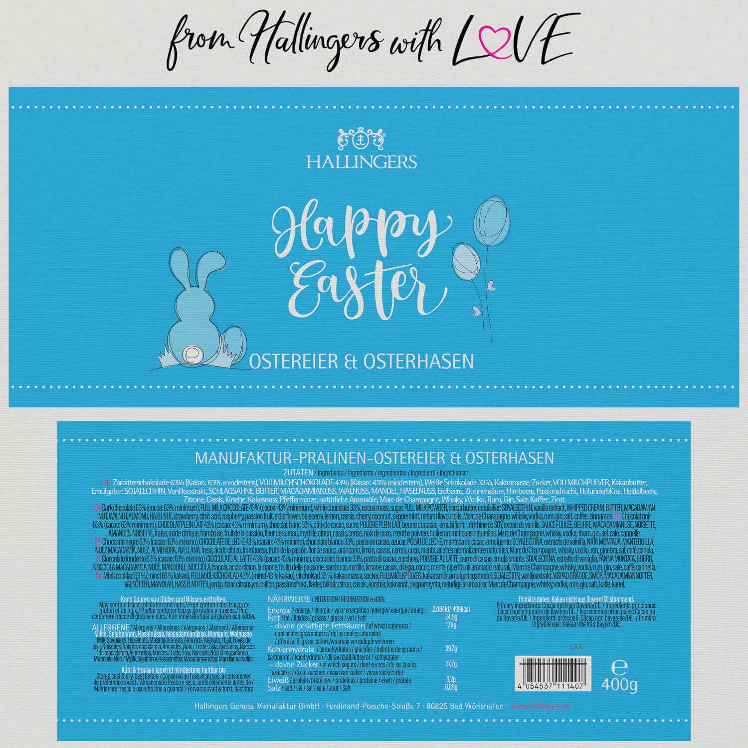 Hallingers Genuss Manufaktur Pralinen-Osterei Oster-Geschenk - mit & ohne Alkohol, handmade aus Edelkakao in wertiger Geschenkdose "Happy Easter", Ostern Körbchen für Frauen Männer