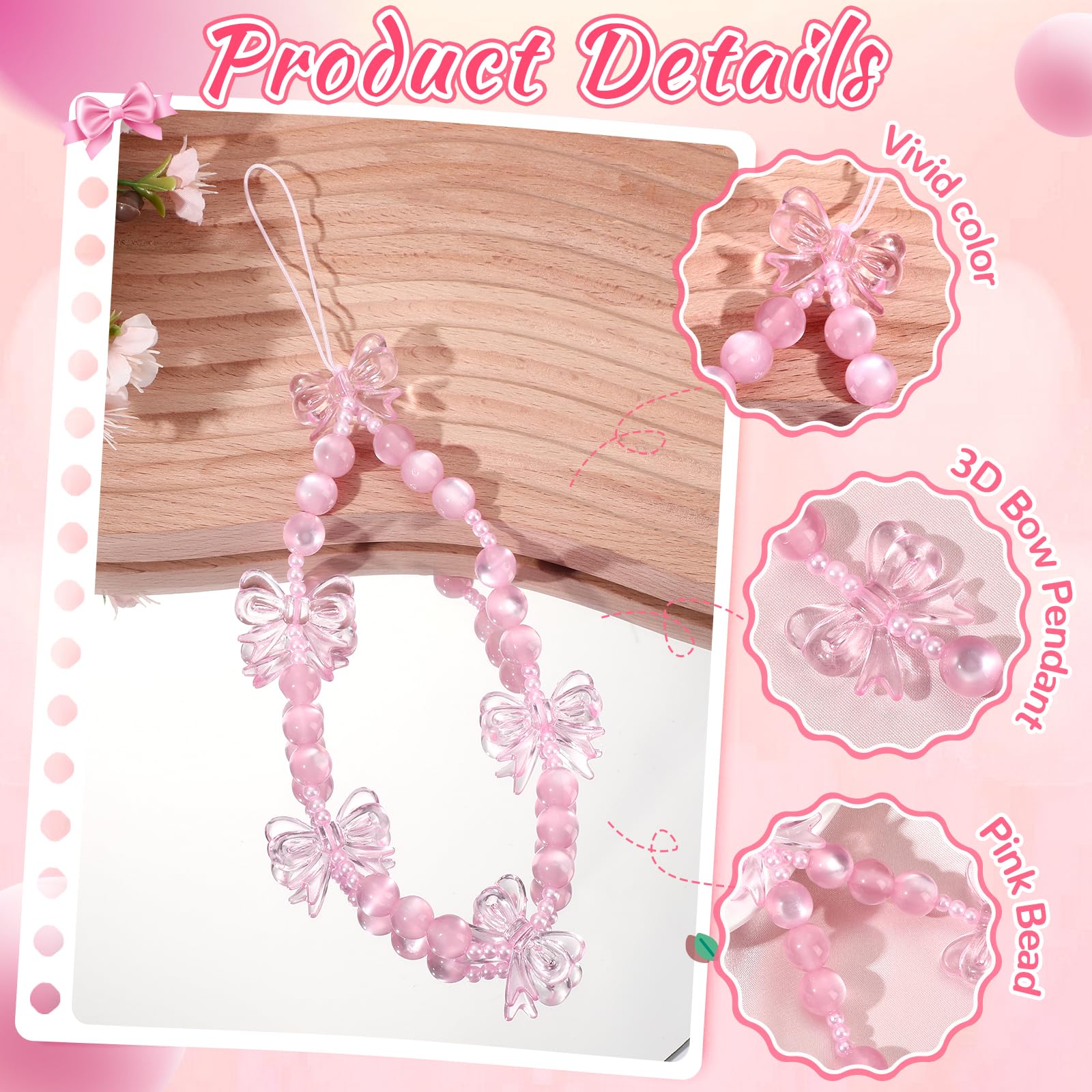 Neptniopllab Phone Charms-1PC Pink Bow Charm Strap Universal Cellphone Lanyard Wrist Smartphone Chain String Charm for Phone Case Women(Pink Bow,1PC)