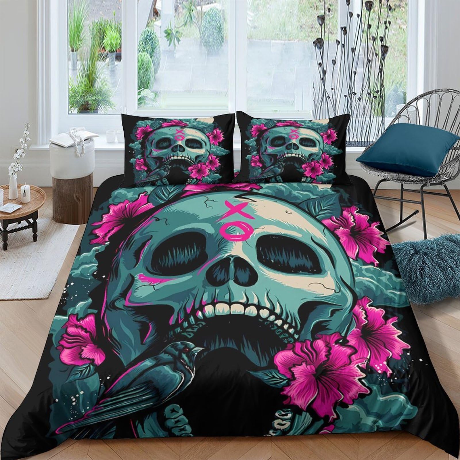 TUFRTGYHN 3D Printed Skull Floral Duvet Cover Microfiber Soft Breathable Gothic Flower Bedding Set with 2 Pillowcases for Bedroom Decor Single（135x200cm）