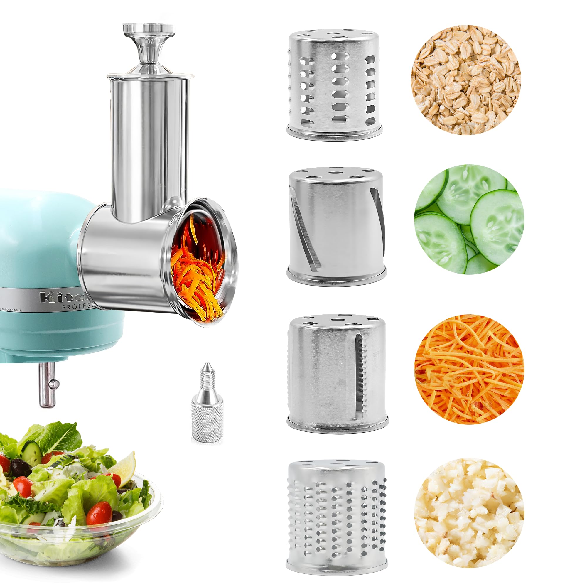 Edelstahl Slicer Shredder für KitchenAid Mixer Aufsatz Gemüse & Käsereibe Aufsatz mit 4 Klingen (fein, mittel, grob, Hobel), mit Knauf, spülmaschinenfest, Haltbarkeit