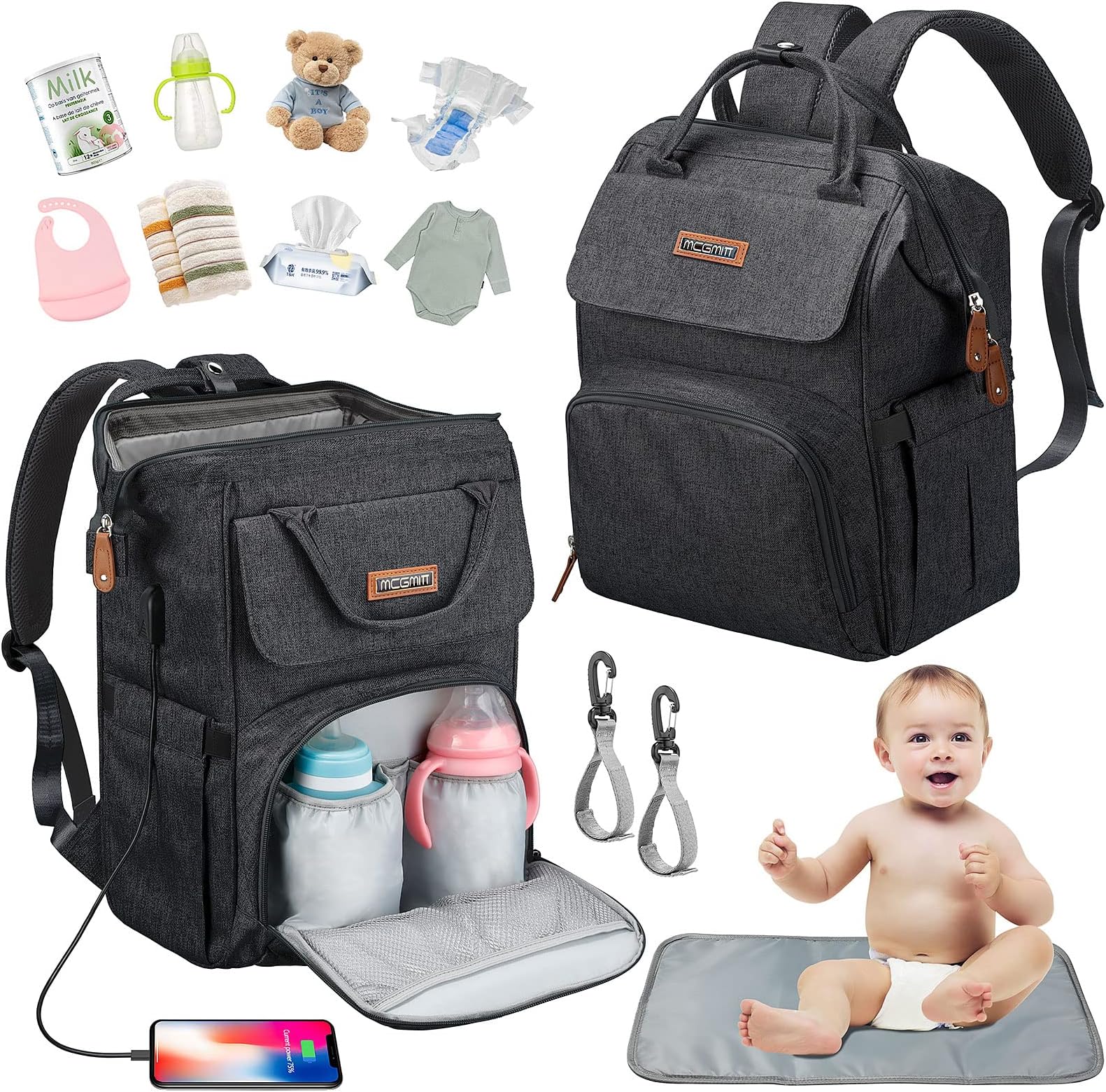 MCGMITT Baby Changing Bag Backpack, Baby Large Nappy Changing Baby Bag Waterproof Mommy Bag with Stroller Straps and Changing Pad (Black)