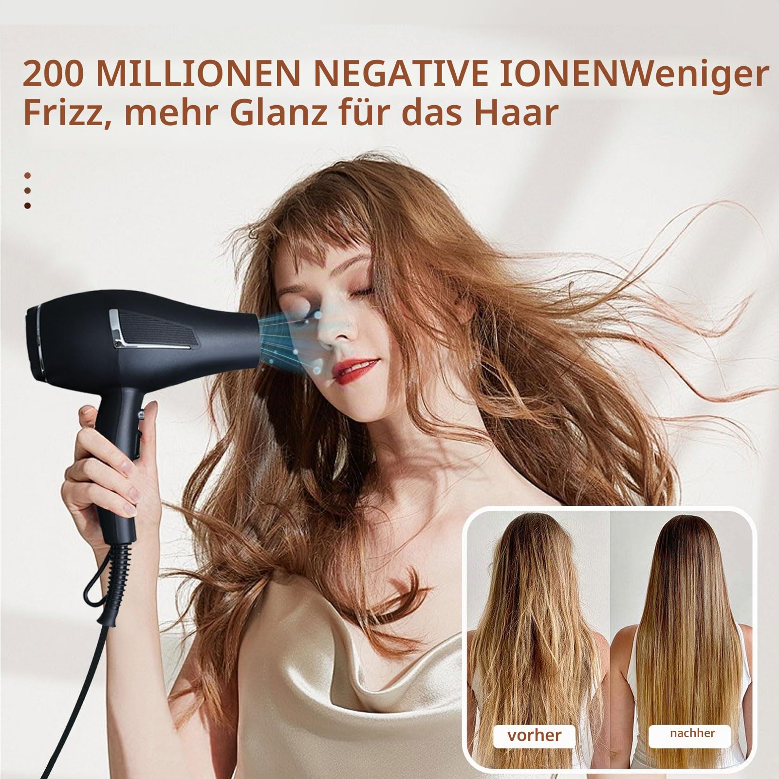 Föhn Ionen Fön Schnelles Trocknen Salon 2100W professioneller Haartrockner 2 Geschwindigkeit 3 Wärmeeinstellungen 2 Konzentrator 4 Kämmen 1 Diffusor Familie Salon Lockenföhn mit Kalttaste (Schwarz)