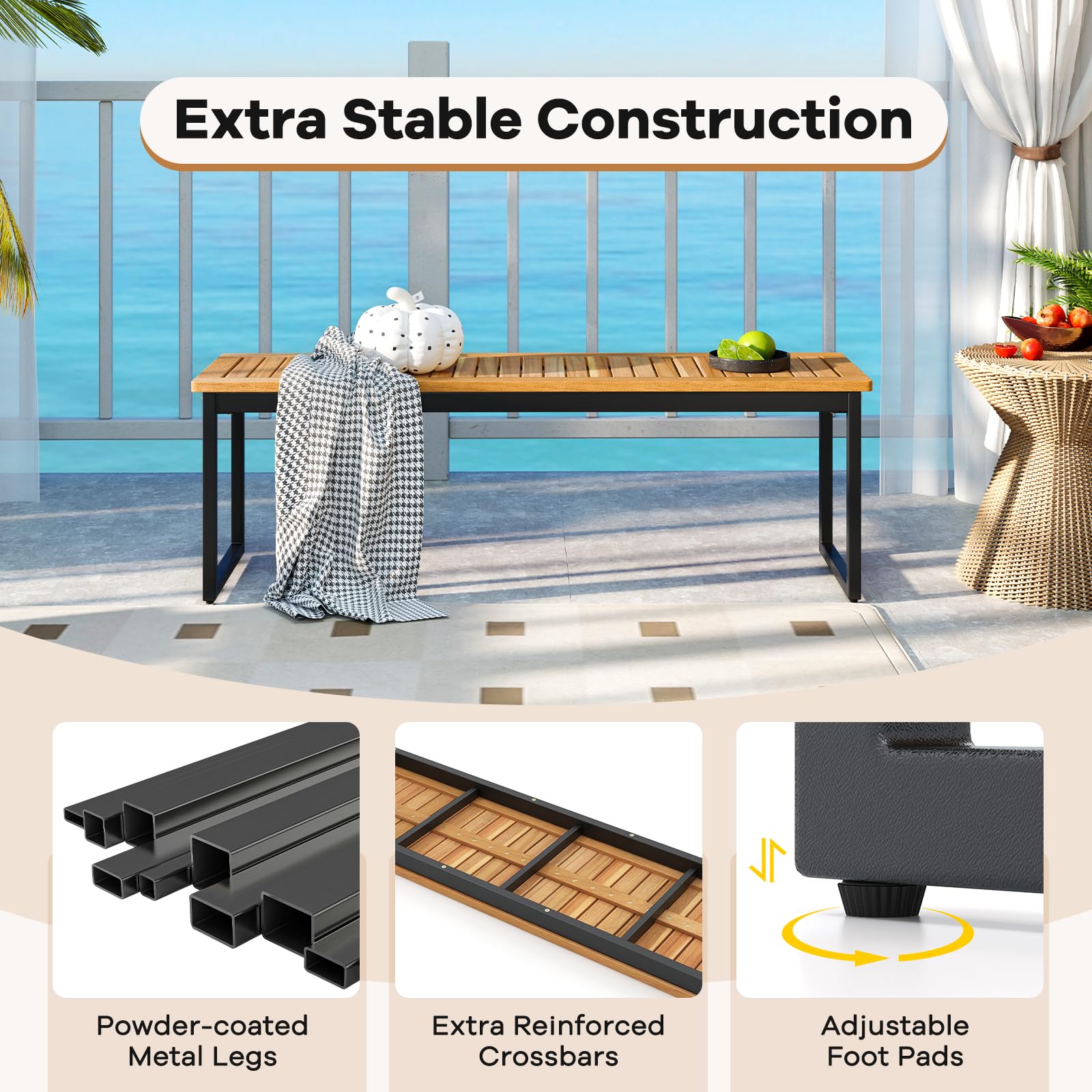 Tangkula Patio Dining Bench Set of 2, 2-3-person Backless Bench with Slatted Seat & Metal Legs, Indoor Outdoor Bench for Entryway, Front Porch, Garden, Poolside, Farmhouse Kitchen Dining Seat