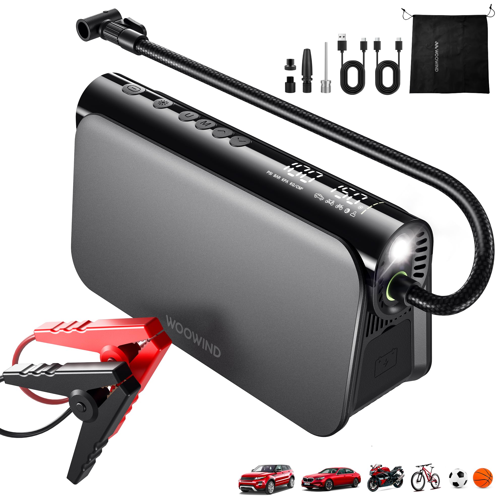 Woowind 3-in-1 Car Battery Booster Jump Starter with Air Compressor, 65W Power Bank,150 PSI Portable Jump Starter Pack for 6.0L Gas & 3L Diesel Engines, 16000mAh Battery Booster with LED Light