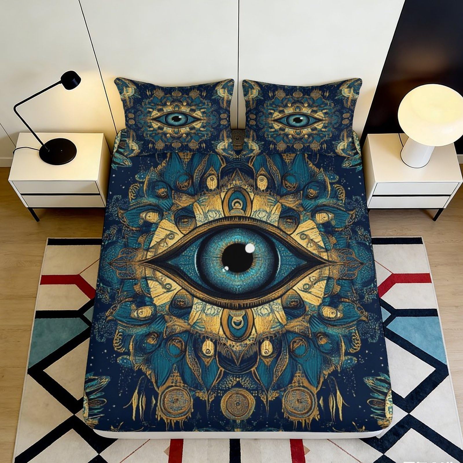 3D Printed Eye Mandala Fitted Sheet Microfiber Soft Blue Gold Boho Dreamcatcher Mattress Cover Bedroom Dorm Protector Decor 90x200x25cm