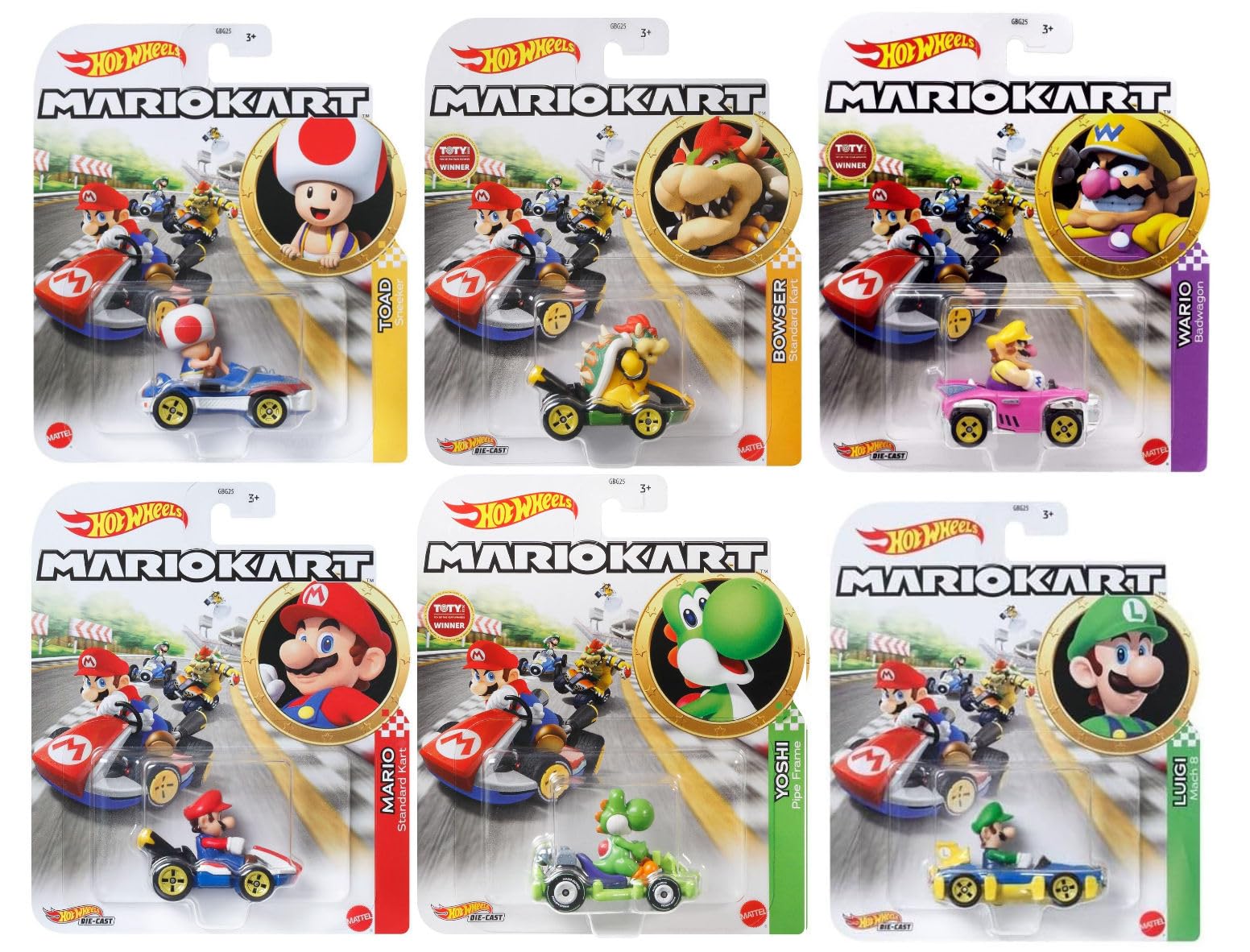 Hot Wheels Mario Kart Die‑Cast Car Bundle – 6‑Pack with Mario, Luigi, Yoshi, Toad, Bowser, & Wario | 1:64 Scale, Display-Ready GBG25-957G