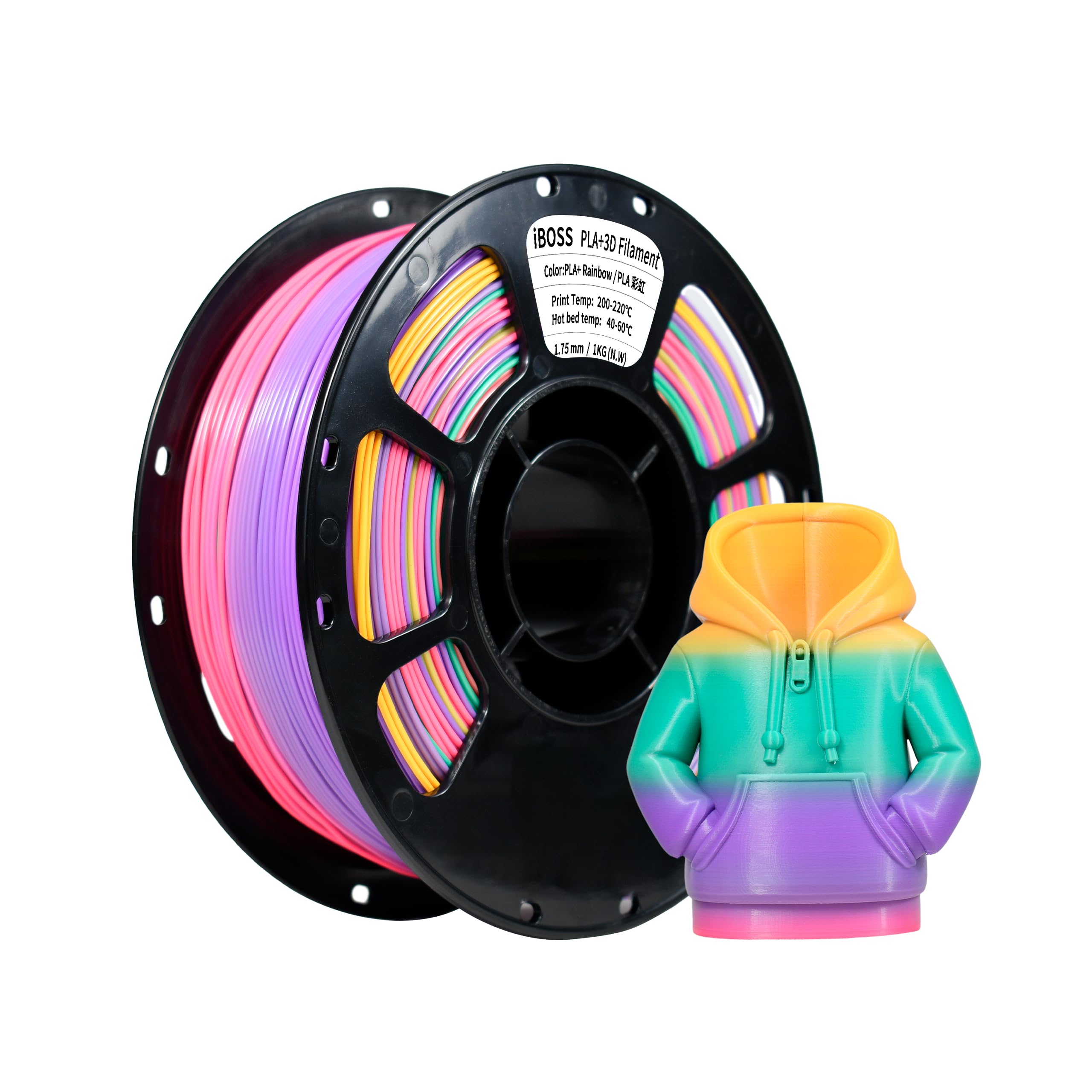 iBOSS Rainbow PLA Plus Filament 1.75mm, Multicolor Gradient 3D Printer Filament, Neatly Wound 3D Printing Filament, Dimensional Accuracy +/-0.02mm, 1KG Spool(2.2 lbs), PLA+ Rainbow