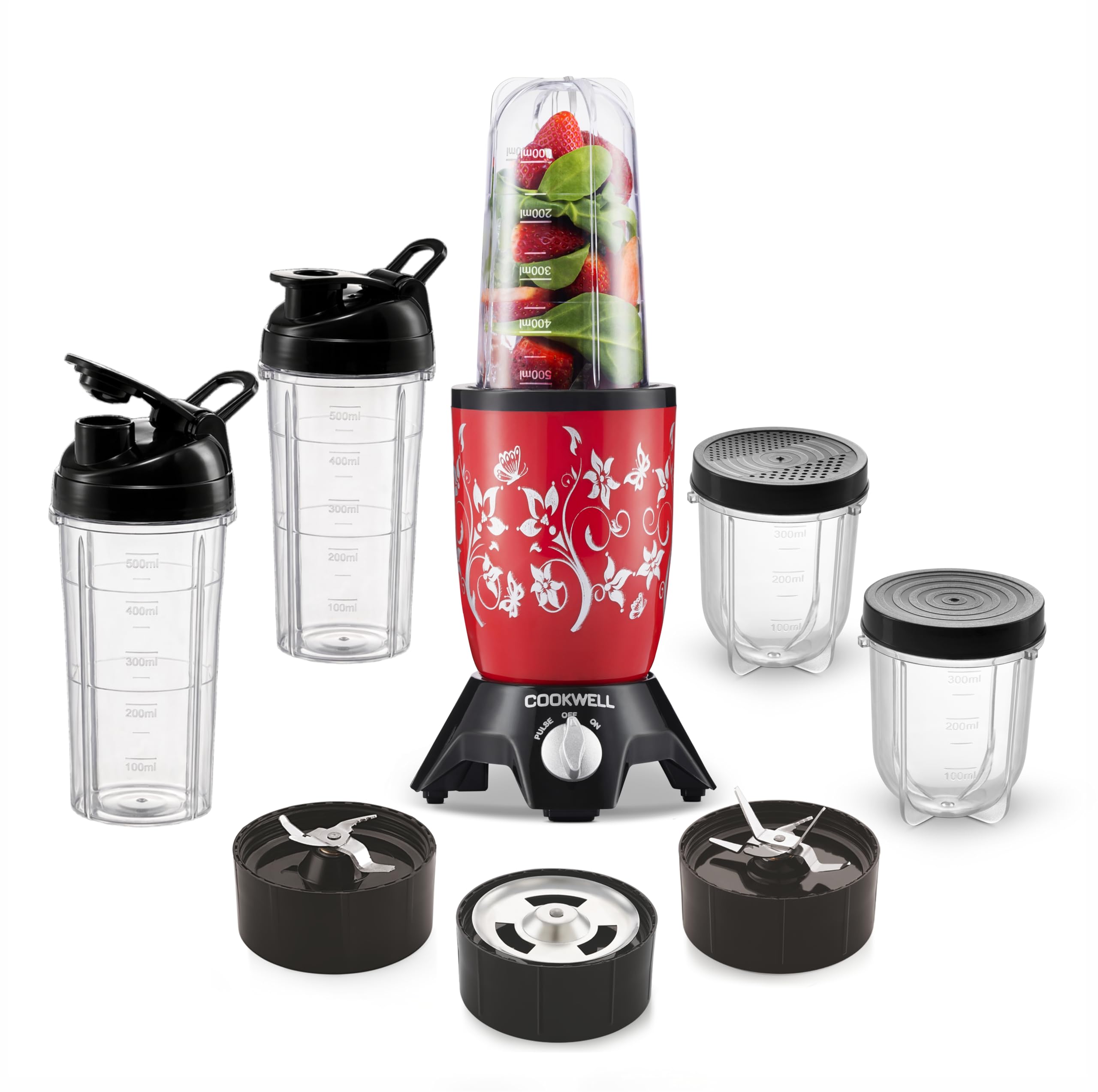 Cookwell Bullet Mixer Grinder (5 Jars, 3 Blades, Red) - Copper, 600 Watts - 2 Years Warranty