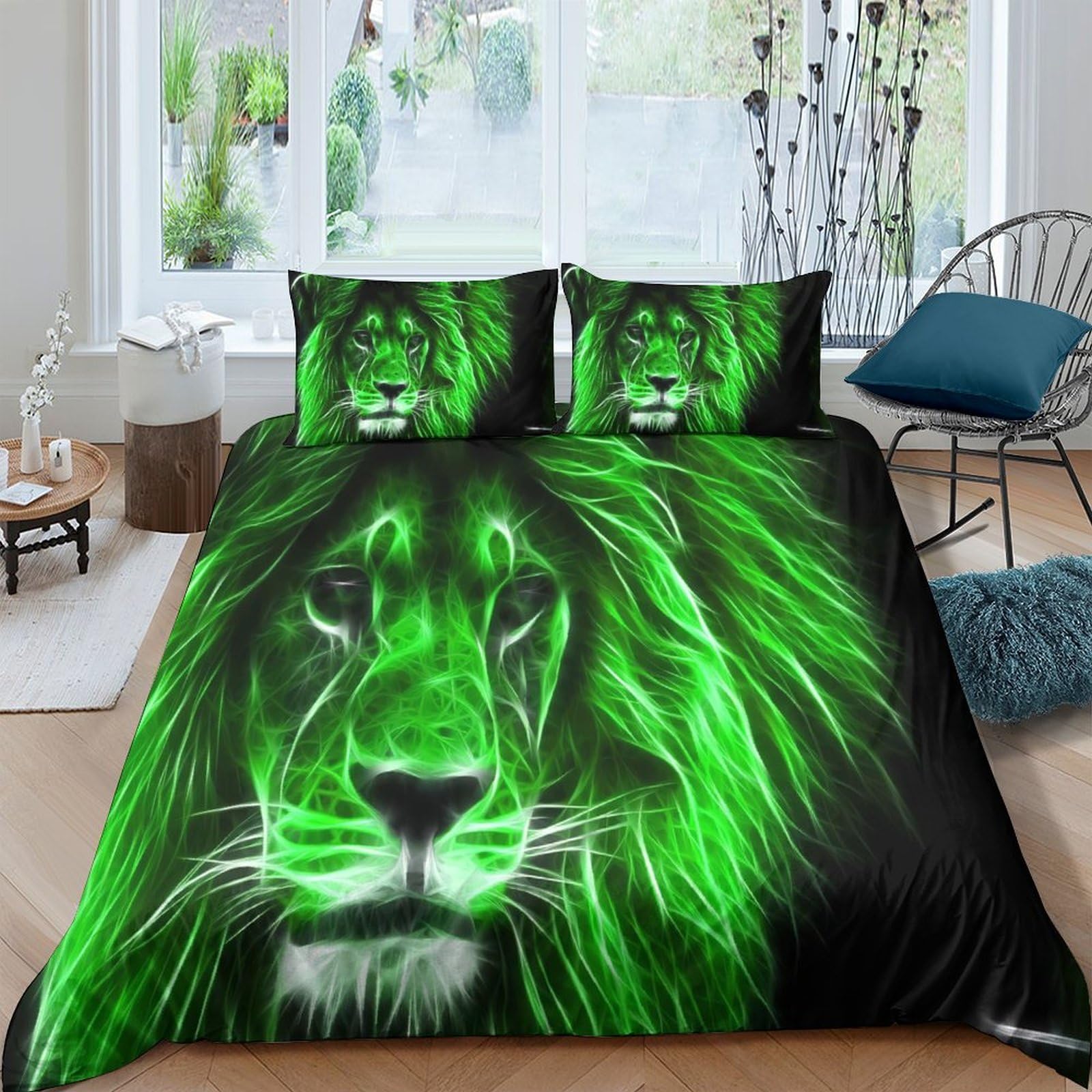 3D Printed Green Lion Duvet Cover Microfiber Soft Breathable Neon Jungle Bedding Set with 2 Pillowcases for Bedroom Decor Single（135x200cm）