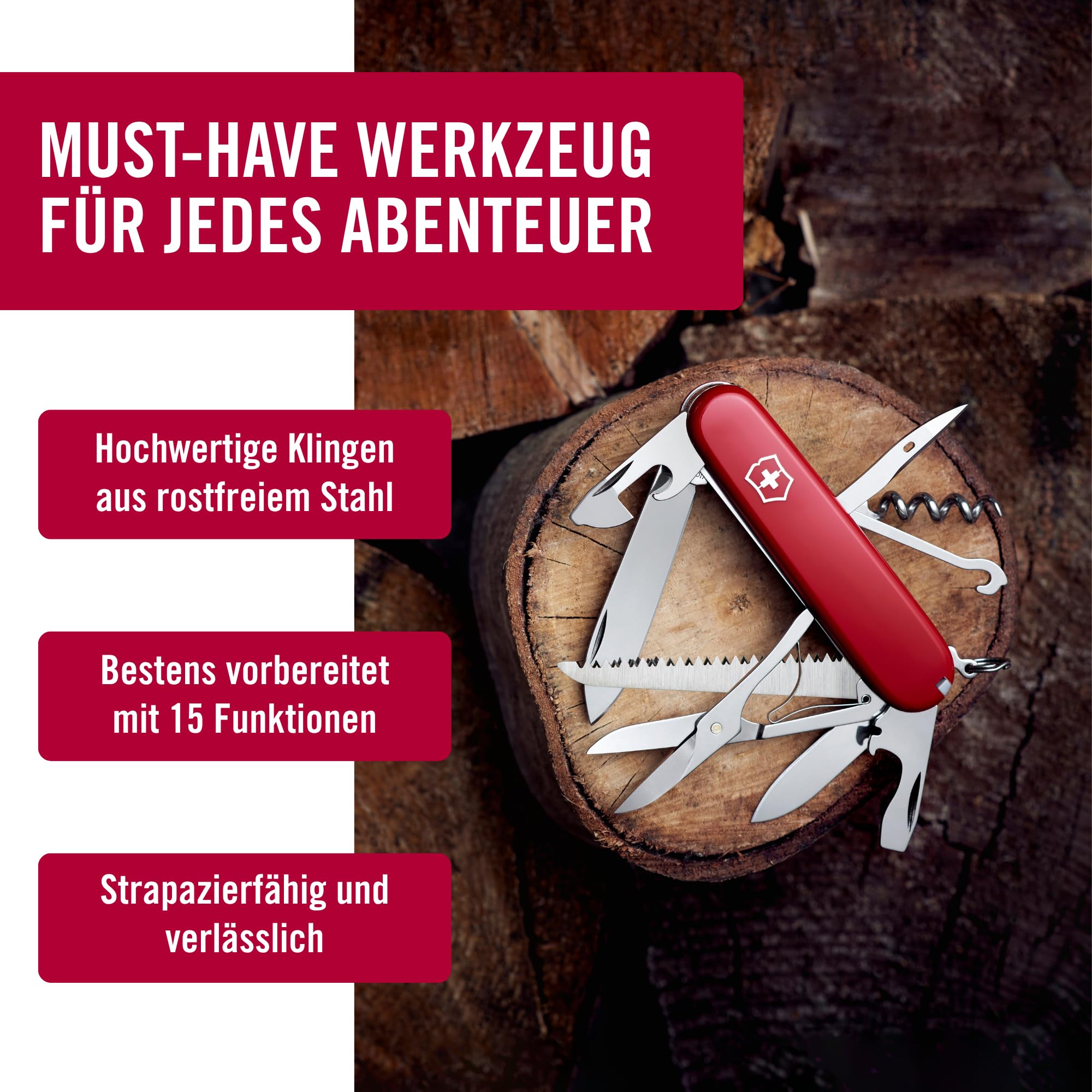 Victorinox, Taschenmesser, Huntsman, 91 mm, rot (15 Funktionen, Klinge, Korkenzieher, Dosenöffner, Klinge)
