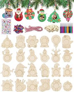 CORALMEE 24Pcs Christmas Pictures Frame Ornaments, Hanging Picture Ornament Bulk for Christmas Tree with Beads, Color Printing Personalized Wooden Ornaments for Crafts Xmas Holiday Home Party Decor
