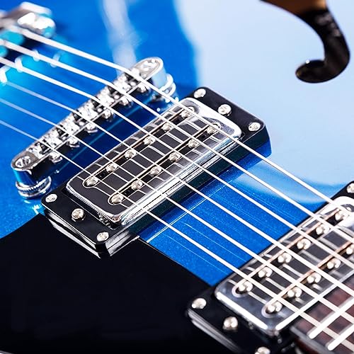 Miniatura 6 de Grote Guitarra eléctrica a escala completa Guitarra de cuerpo semihueco con acabado de metal y trastes de acero inoxidable con gigbag (azul)