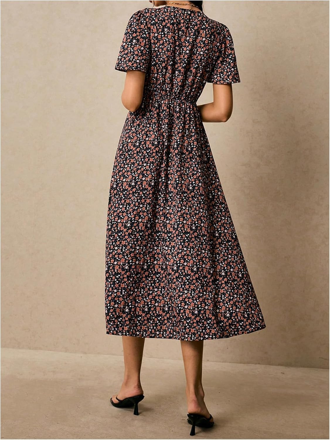 WDIRARA Women's Floral Twist V Neck Midi Dresses Short Sleeve Flowy Aline Dress - Image 2