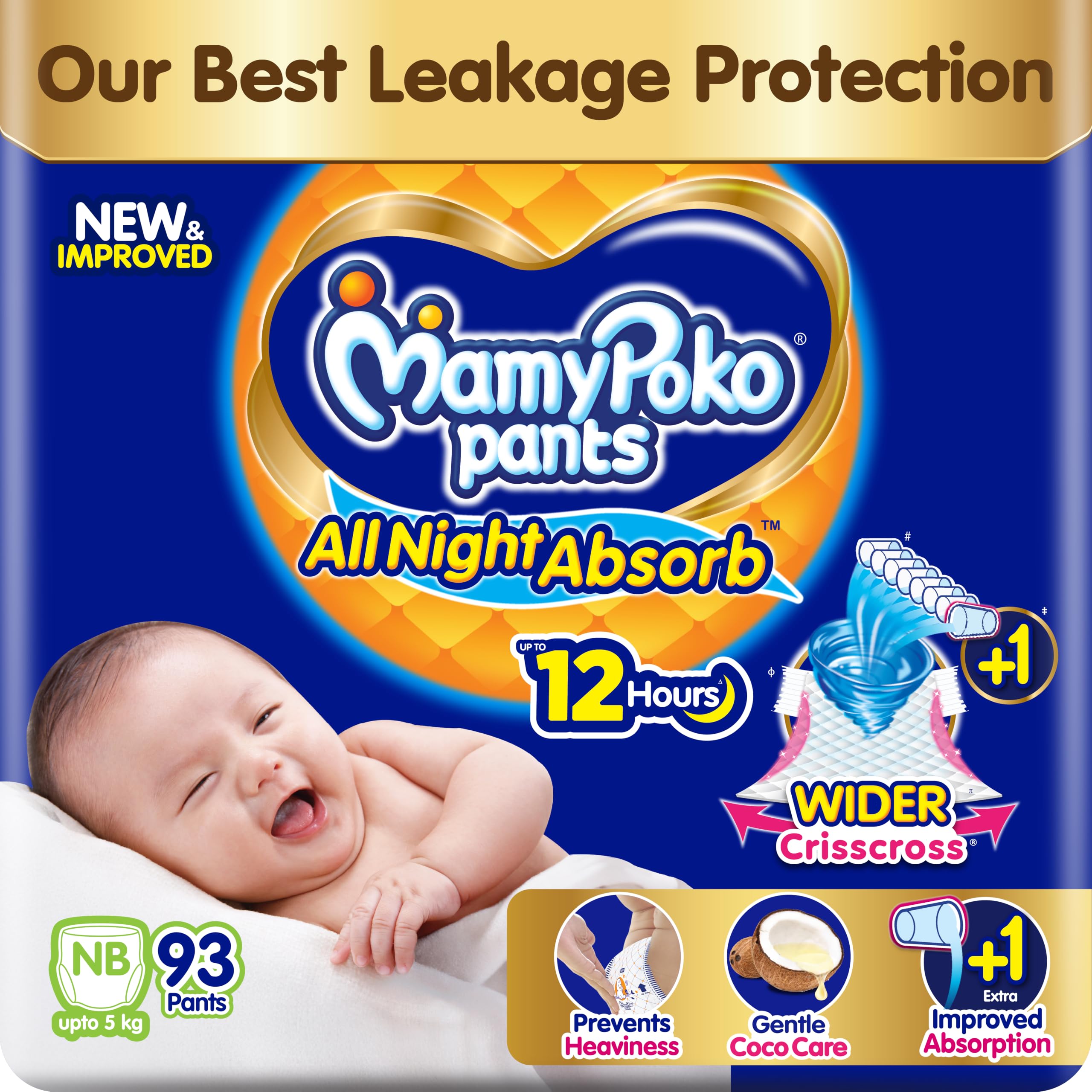 New Mamypoko Pants Premium All Night Absorb| Pant Style Baby Diapers New Born Size(XS), 93 Count, Ideal for up to 5Kgs|1 Diaper= Upto All Night Absorption now with increased power of +1glass|Wider Crisscross Sheet|Gentle Coco Care| 12hr Leakage Protection|Prevents Heaviness.