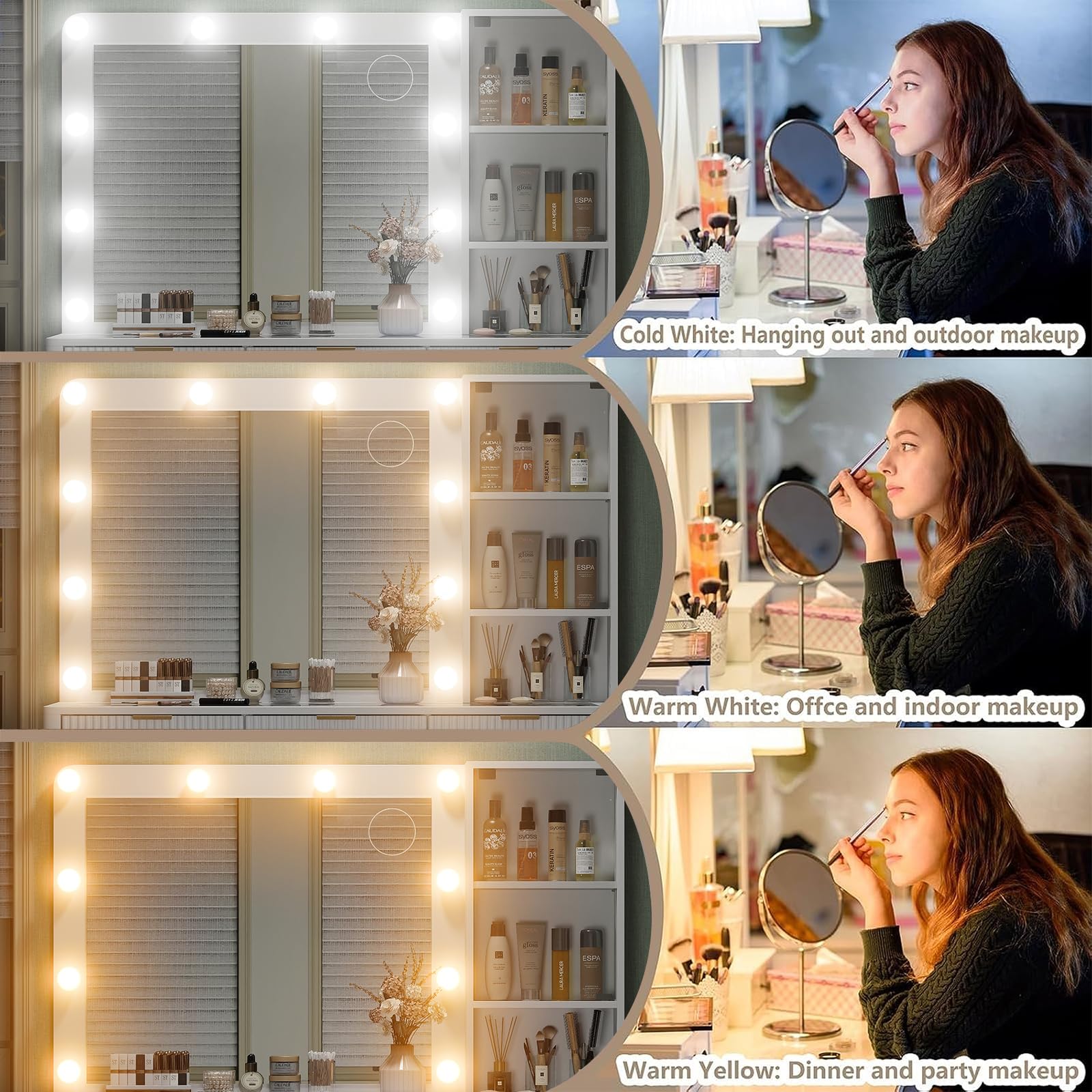 Yanosaku 47" Fluted Vanity Desk with Mirror & LED Lights, 7-Drawer Makeup Vanity with Glass Top & Cabinet, Vanity with Chair & Charging Station, 3 Lighting Modes, for Bedroom, Natural Oak