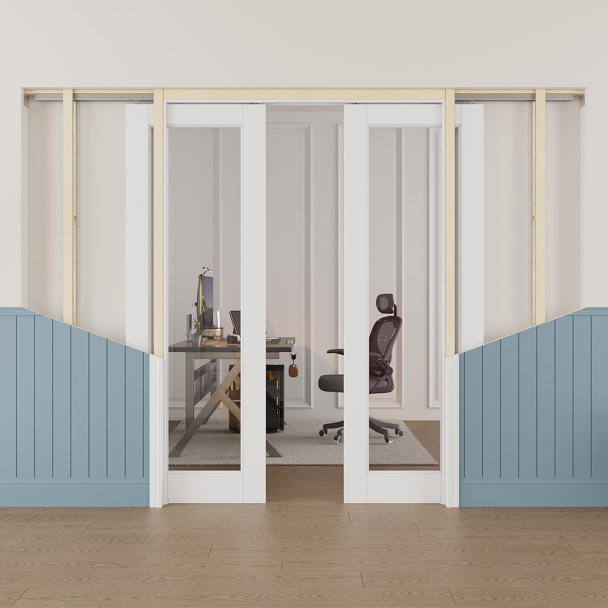 56x80 Sliding Double Pocket Door,1 Lite Clear Glass Doors,Hidden Doors