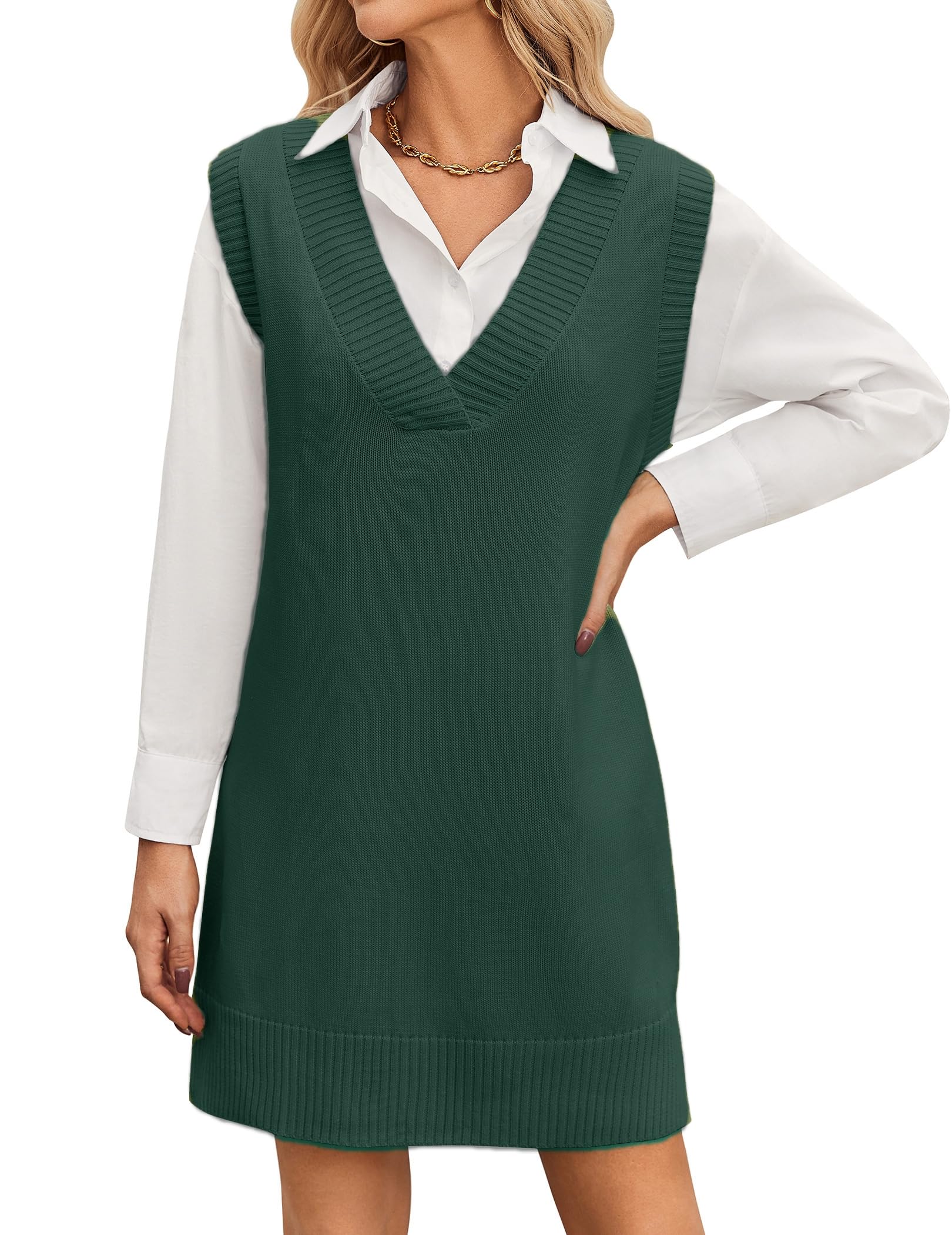 Zeagoo Strickkleid Damen Ärmellos V-Ausschnitt Pullunderkleid Strick Weste Kleid über Bluse Elegant Herbst Winter Outfit Weiches Pulloverkleid Modisches Layering Kleider