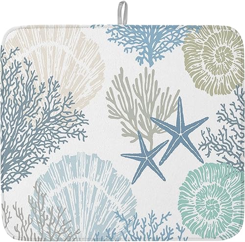 Tapete de secado de platos para encimera de cocina, náutico, costero, océano, coral, tapete de secado de microfibra absorbente para encimeras,