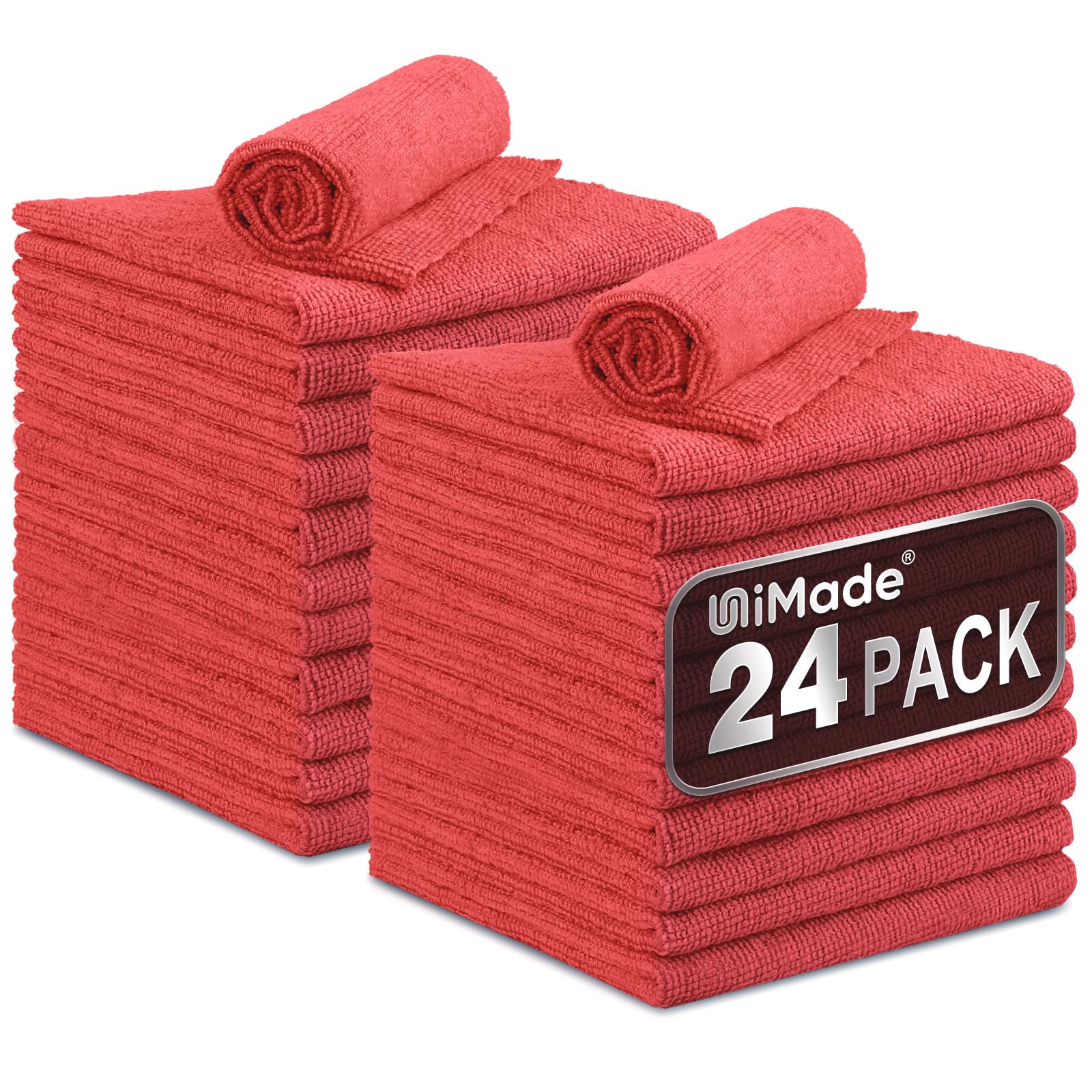 Shop Towels, 24 Pack Commercial Grade Shops Rags Microfiber Towel for Cars Cleaning Rags Bulk Clean Cloth for Automotive Bar Mechanic Restaurant Garage Housekeeping, 11.5"x 11.5", Red