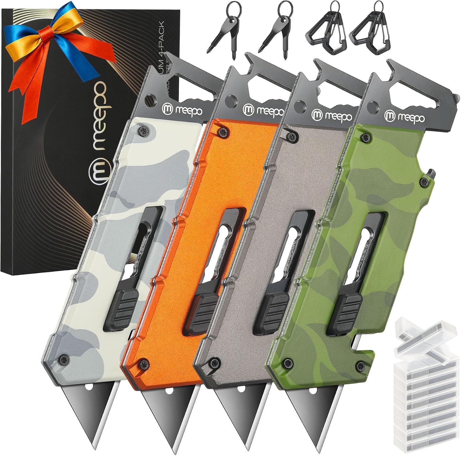 M MEEPO 4-Pack 5 In 1 Box Cutter, Al-Alloy Utility Knife w/ 100-Pcs Blades